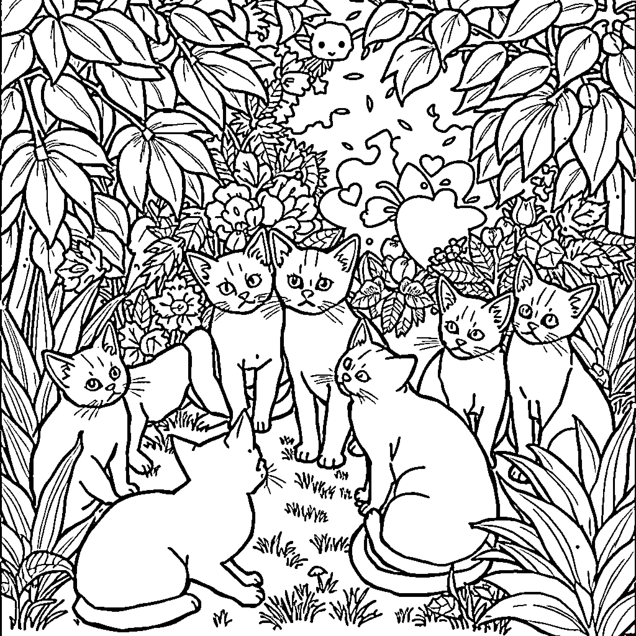 Cat Feline Friends in Lush Garden Coloring Page (free black-and-white line drawing printable PDF for all, from beginners to advanced learners, including children, teens, adults, and seniors)