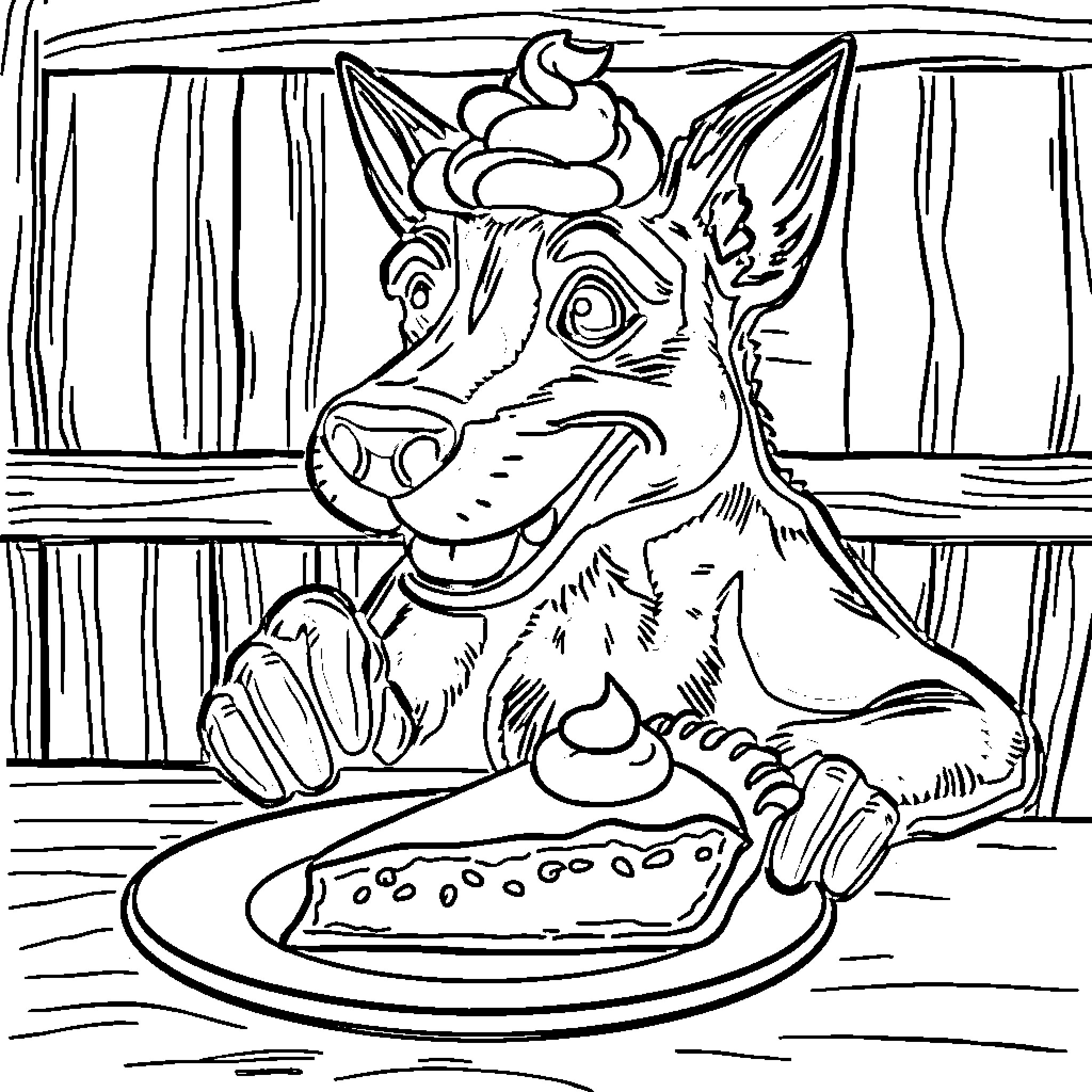 Dexter the Canine Chef Presents His Culinary Creation Coloring Page (free black-and-white line drawing printable PDF for all, from beginners to advanced learners, including children, teens, adults, and seniors)