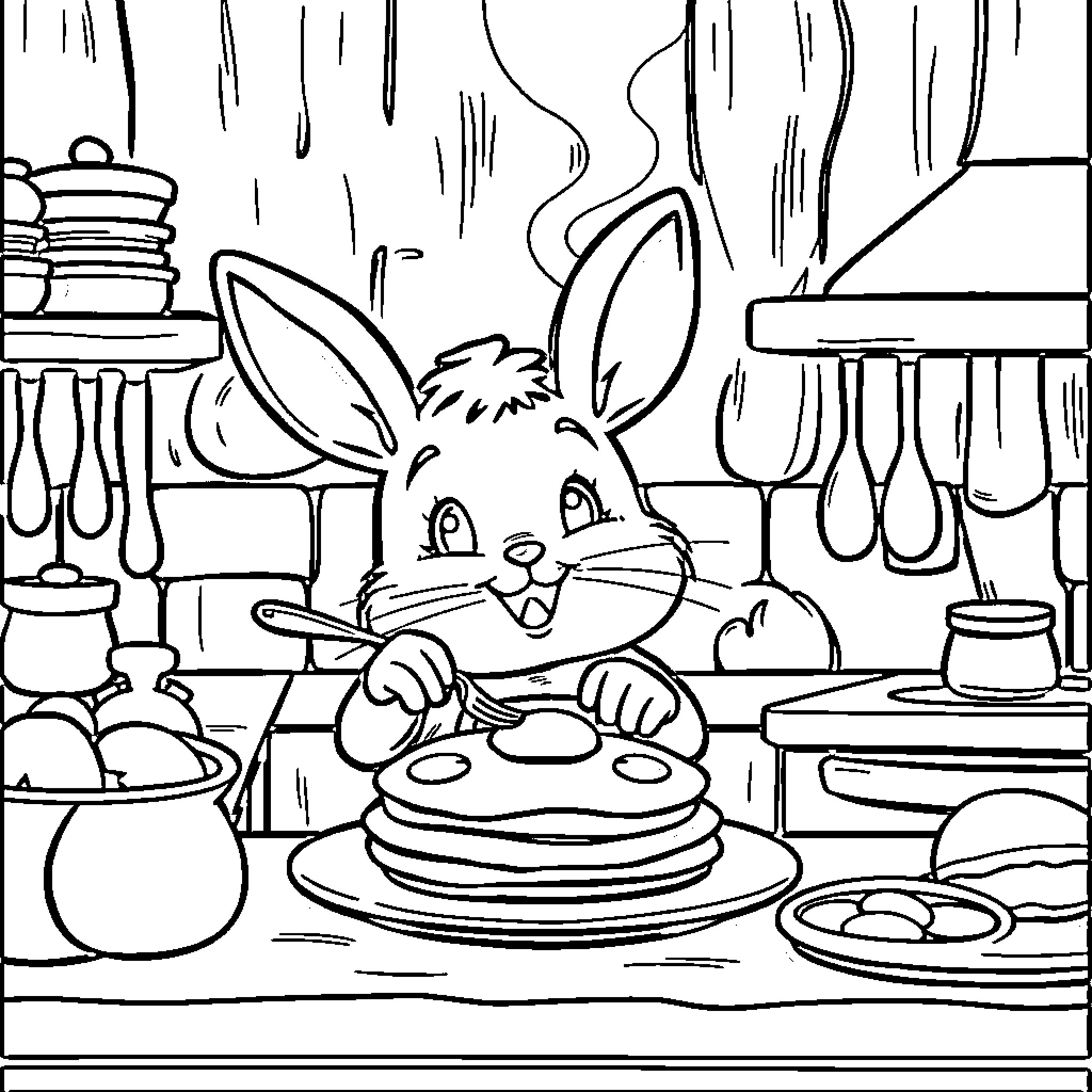 Bunny baking delicious treats in the kitchen Coloring Page (free black-and-white line drawing printable PDF for all, from beginners to advanced learners, including children, teens, adults, and seniors)