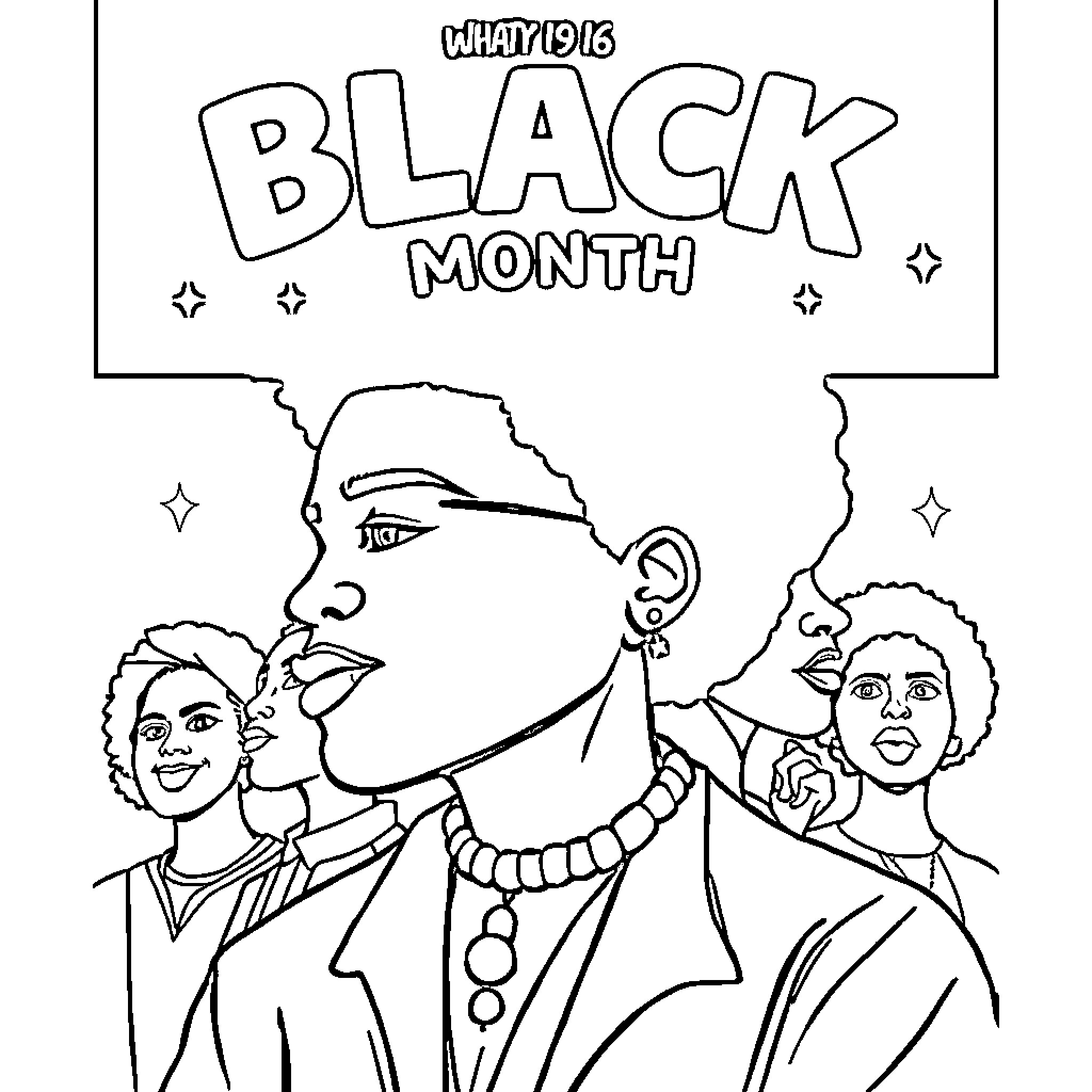 Black History Month Celebration with Portraits Coloring Page (free black-and-white line drawing printable PDF for all, from beginners to advanced learners, including children, teens, adults, and seniors)