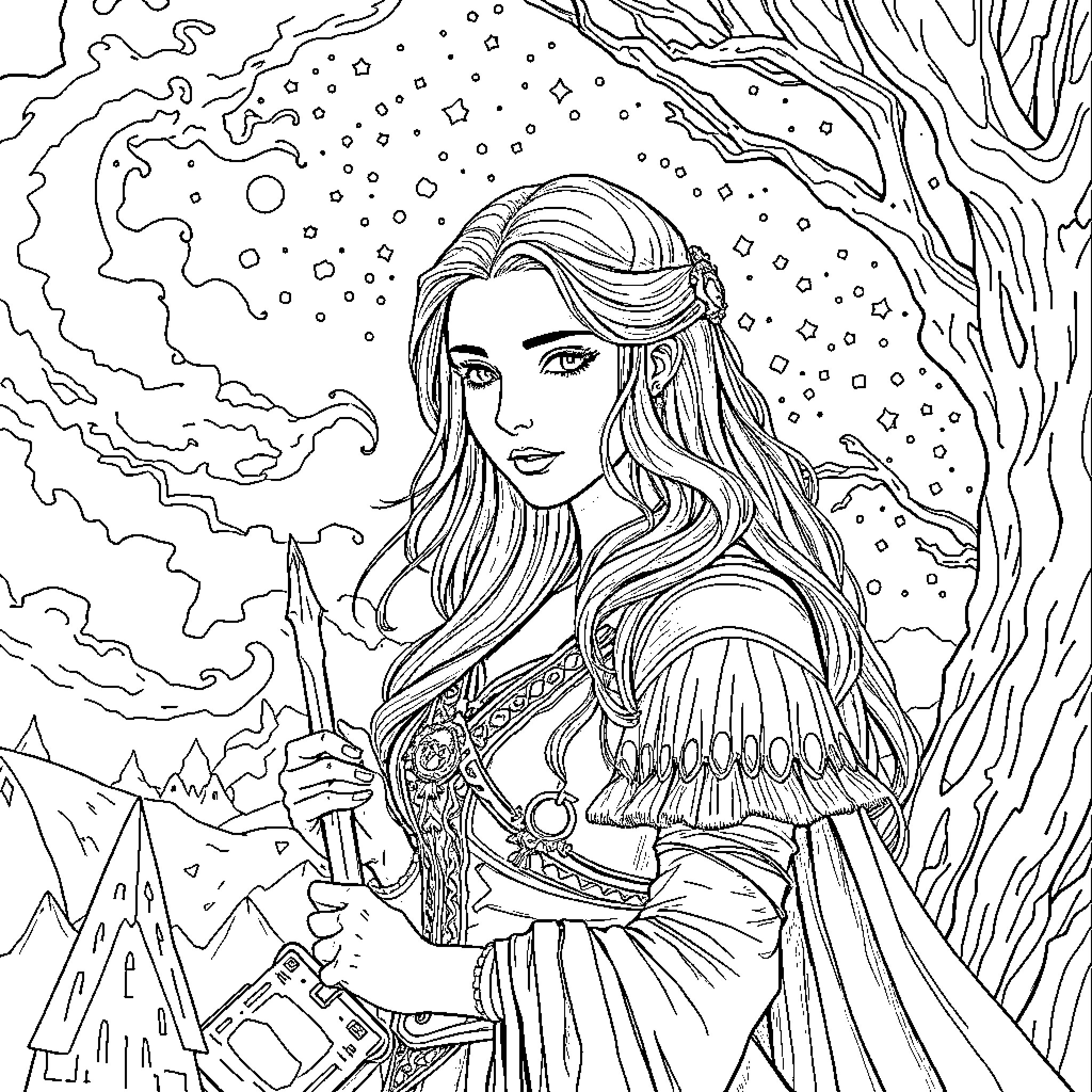 ACOTAR: Warrior Maiden in Enchanted Forest Coloring Page (free black-and-white line drawing printable PDF for all, from beginners to advanced learners, including children, teens, adults, and seniors)