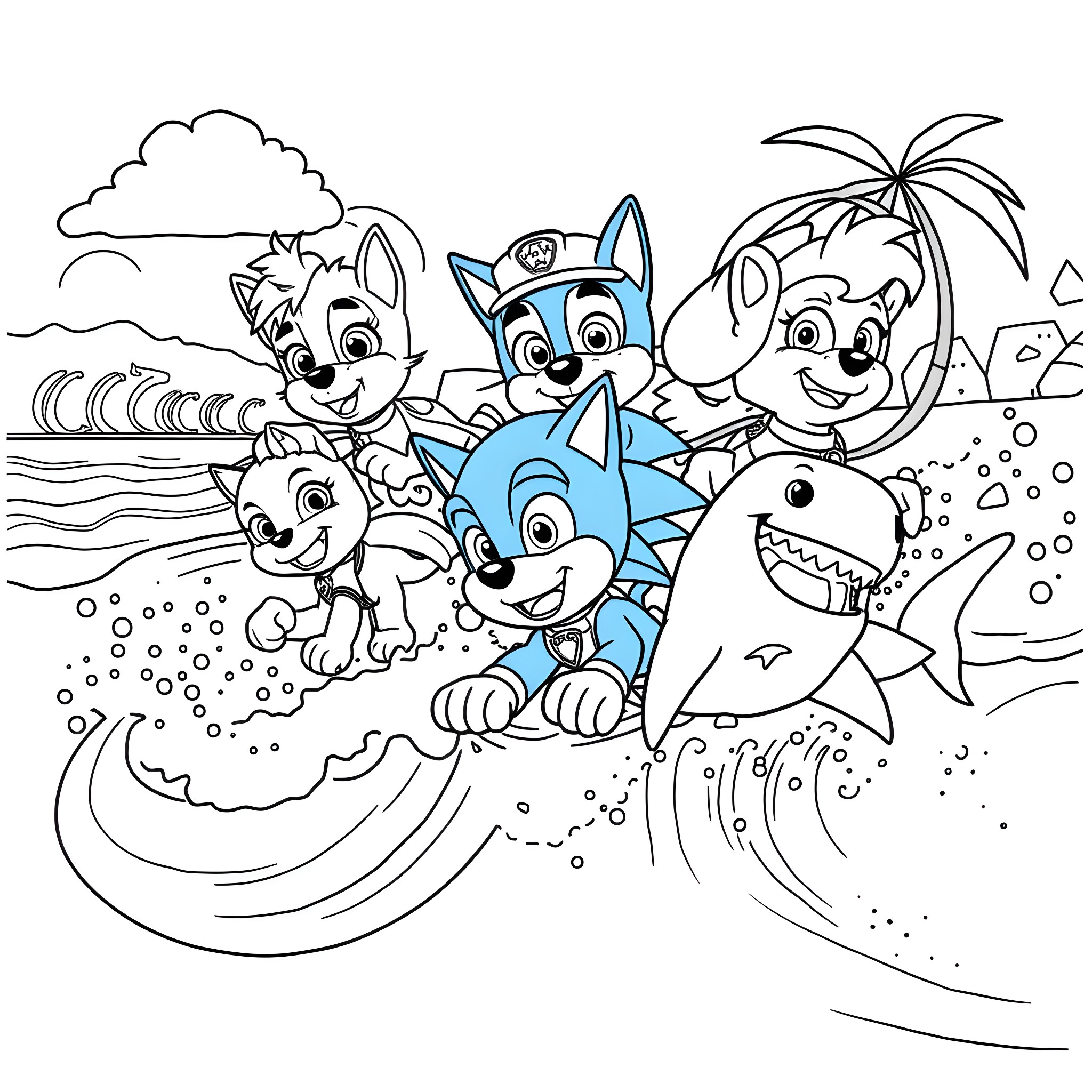 Paw Patrol Enjoying Beach Adventure Coloring Page (free black-and-white line drawing printable PDF for all, from beginners to advanced learners, including children, teens, adults, and seniors)