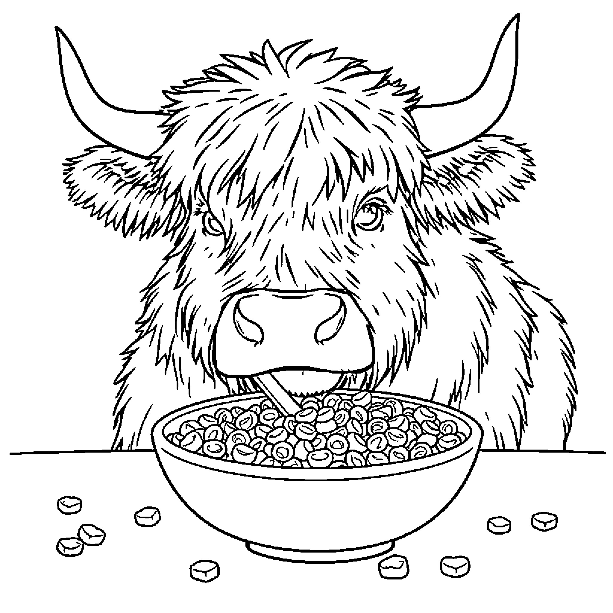 Highland Cow Enjoying a Hearty Meal Coloring Page (free black-and-white line drawing printable PDF for all, from beginners to advanced learners, including children, teens, adults, and seniors)