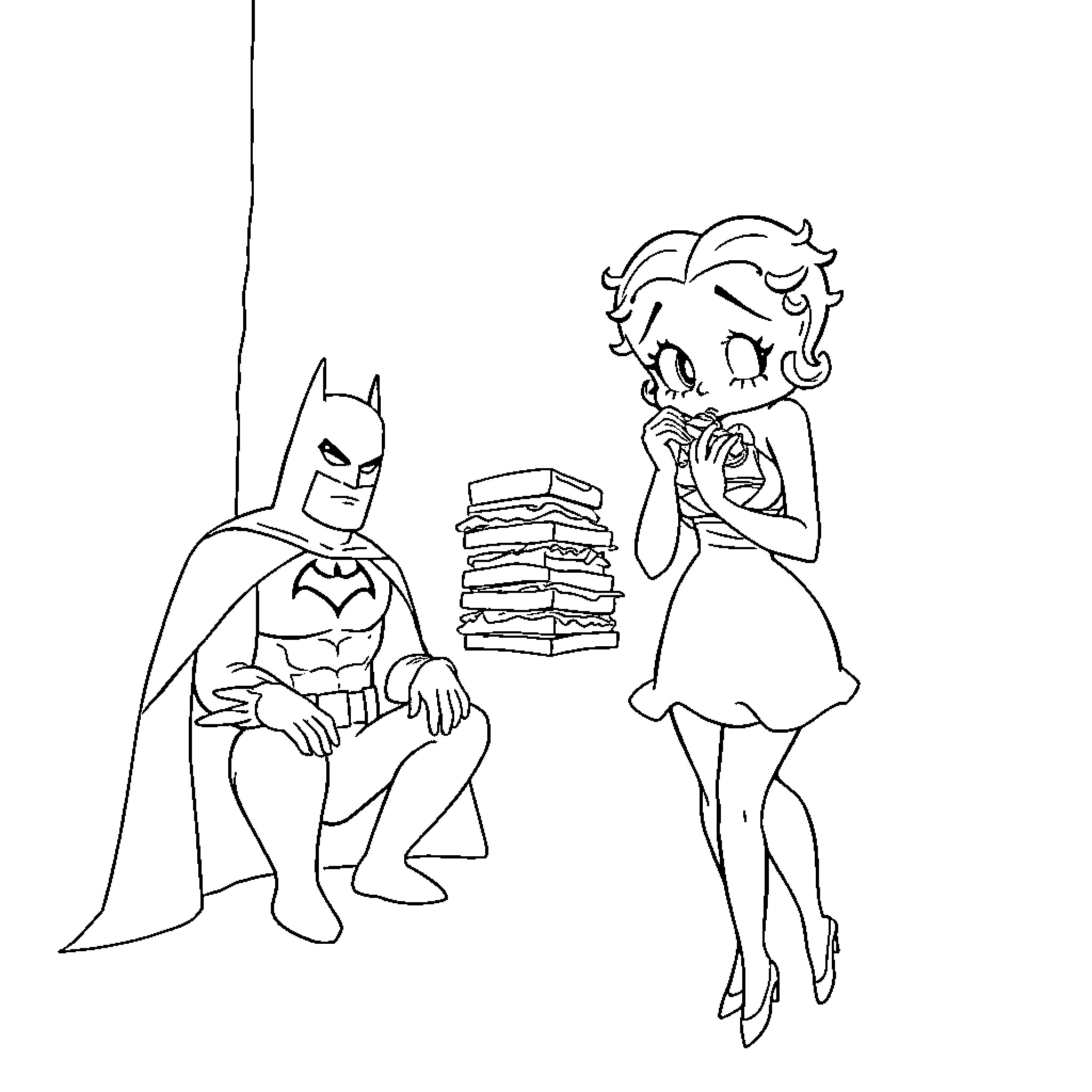Batman and Betty Boop enjoying snacks together Coloring Page (free black-and-white line drawing printable PDF for all, from beginners to advanced learners, including children, teens, adults, and seniors)