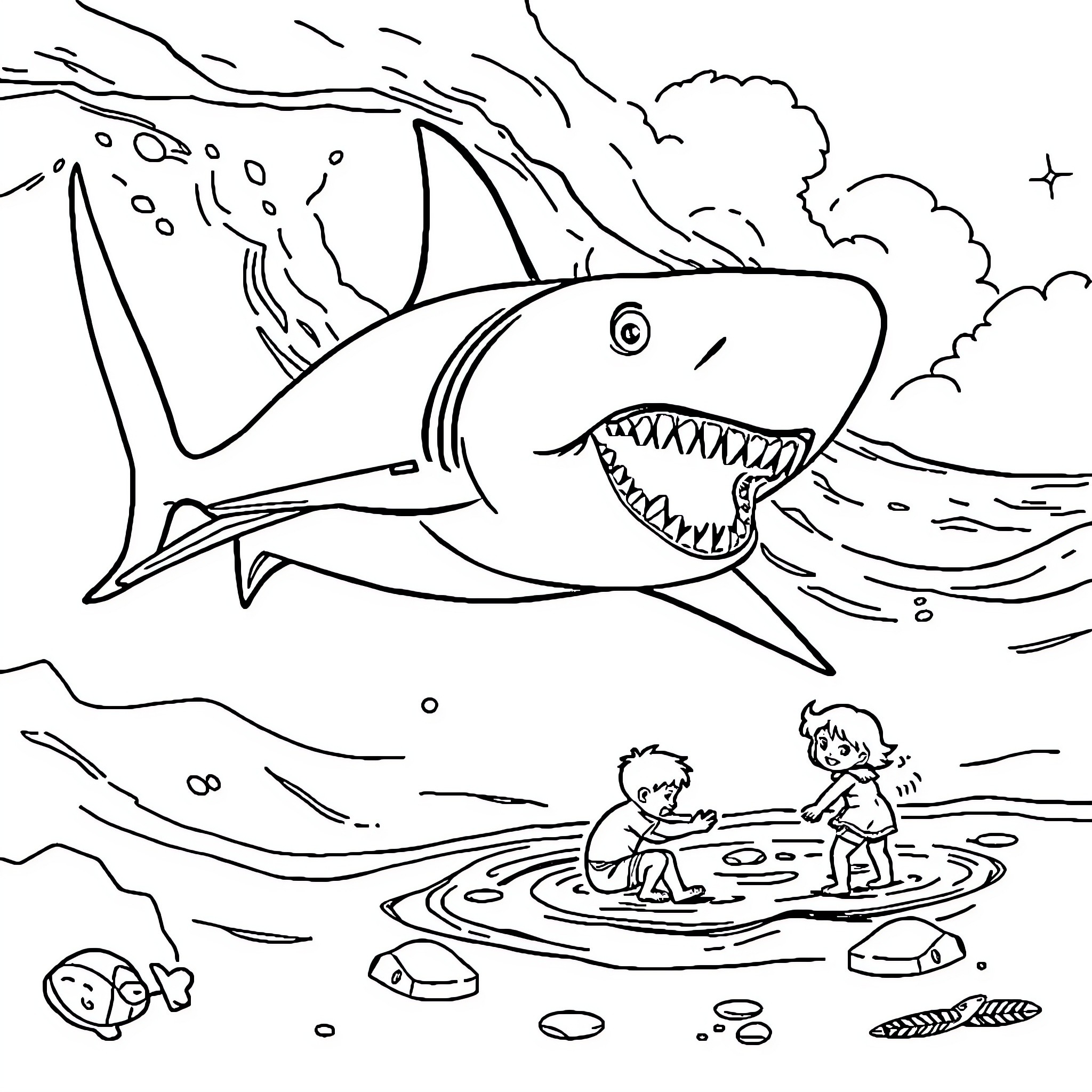 Shark chasing two children in the ocean Coloring Page (free black-and-white line drawing printable PDF for all, from beginners to advanced learners, including children, teens, adults, and seniors)