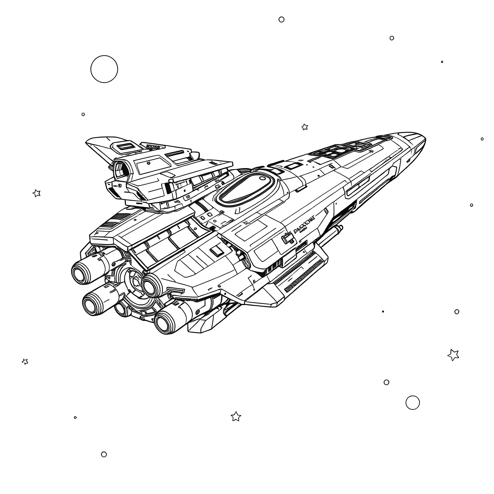 Spaceship cruising through the cosmos Coloring Page (free black-and-white line drawing printable PDF for all, from beginners to advanced learners, including children, teens, adults, and seniors)
