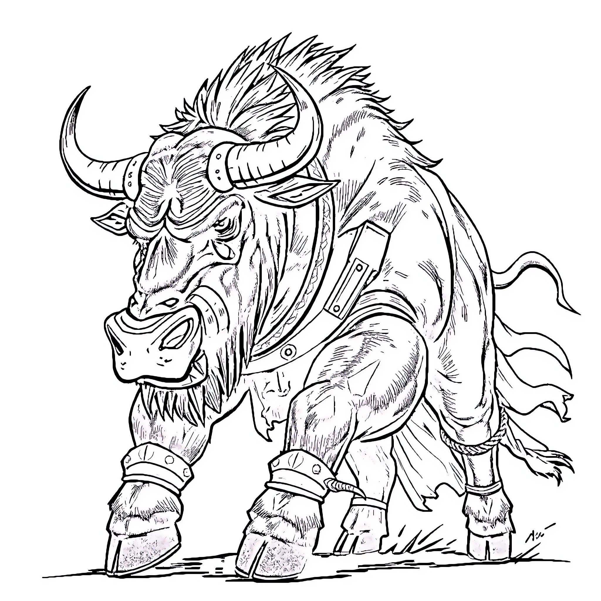Minotaur Charging Aggressively in Armor Coloring Page (free black-and-white line drawing printable PDF for all, from beginners to advanced learners, including children, teens, adults, and seniors)