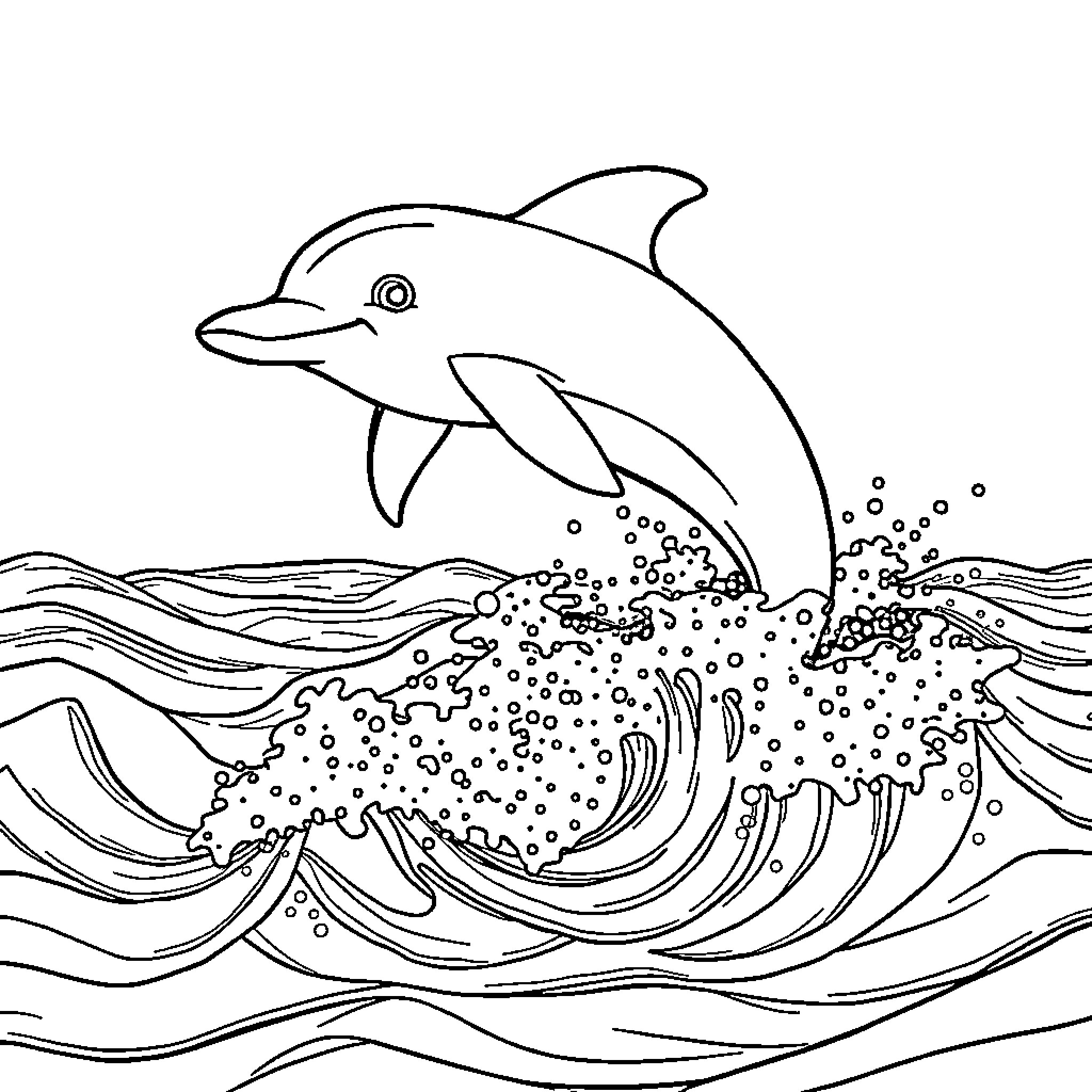 Dolphin jumping over ocean waves Coloring Page (free black-and-white line drawing printable PDF for all, from beginners to advanced learners, including children, teens, adults, and seniors)