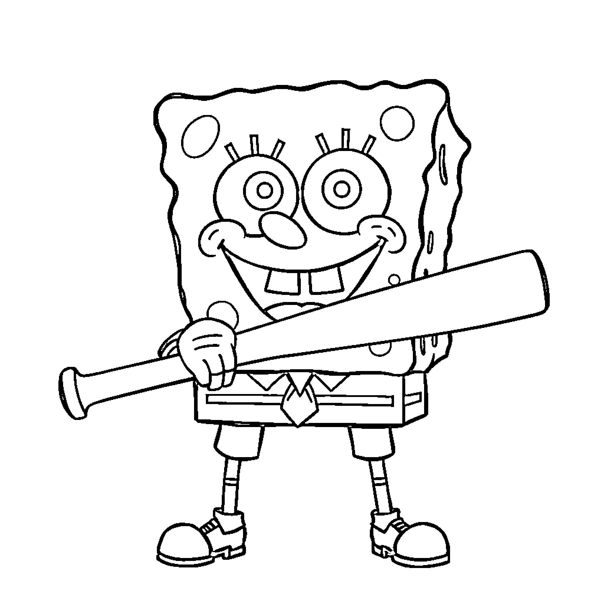 Spongebob holding a baseball bat and smiling Coloring Page (free black-and-white line drawing printable PDF for all, from beginners to advanced learners, including children, teens, adults, and seniors)