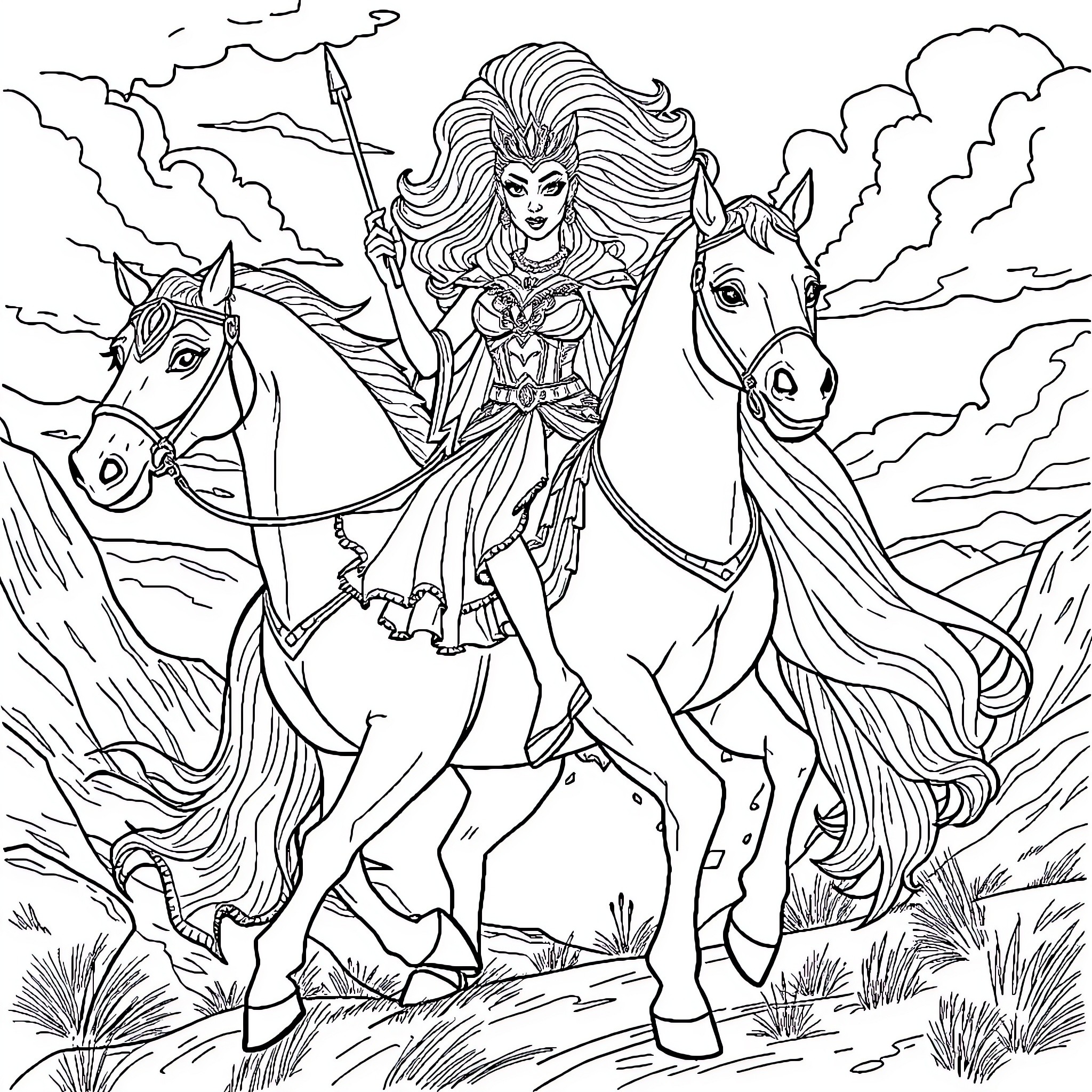 RuPaul's Fierce Equestrian Adventure Coloring Page (free black-and-white line drawing printable PDF for all, from beginners to advanced learners, including children, teens, adults, and seniors)
