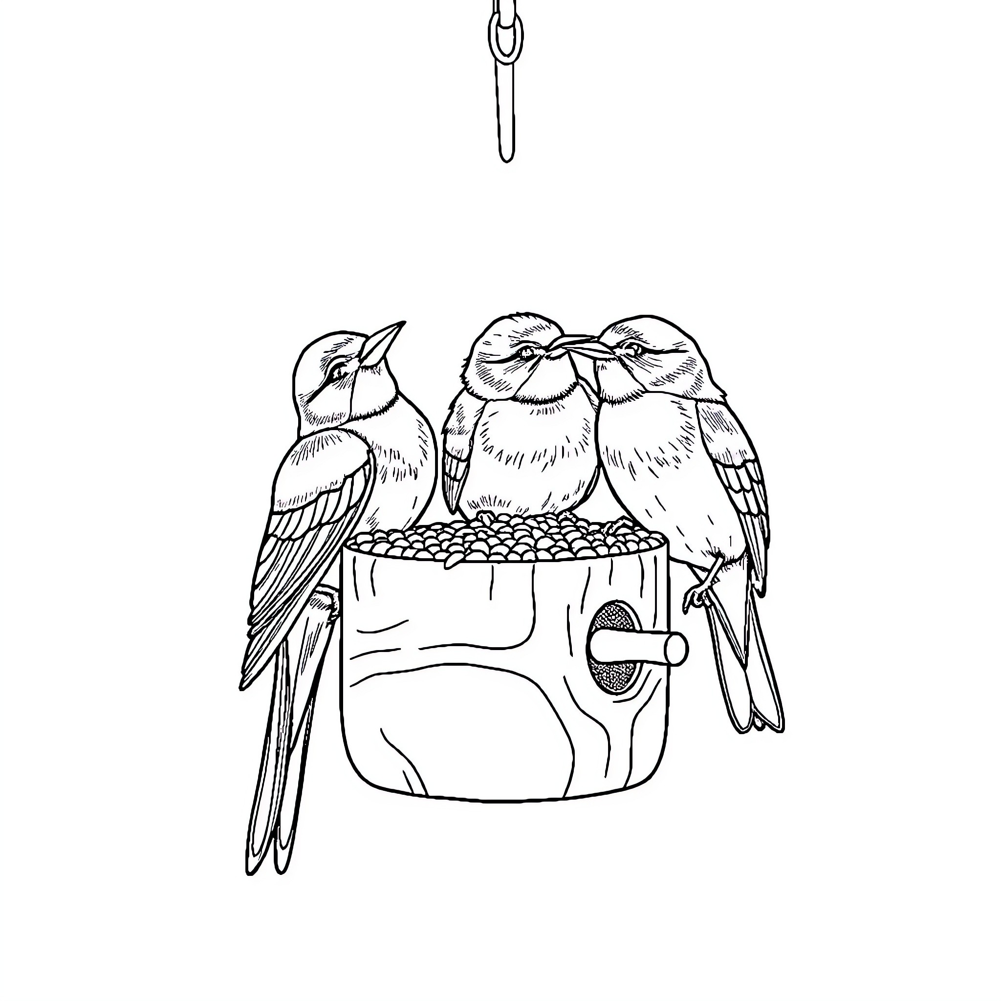 Birds sharing feed from a container Coloring Page (free black-and-white line drawing printable PDF for all, from beginners to advanced learners, including children, teens, adults, and seniors)