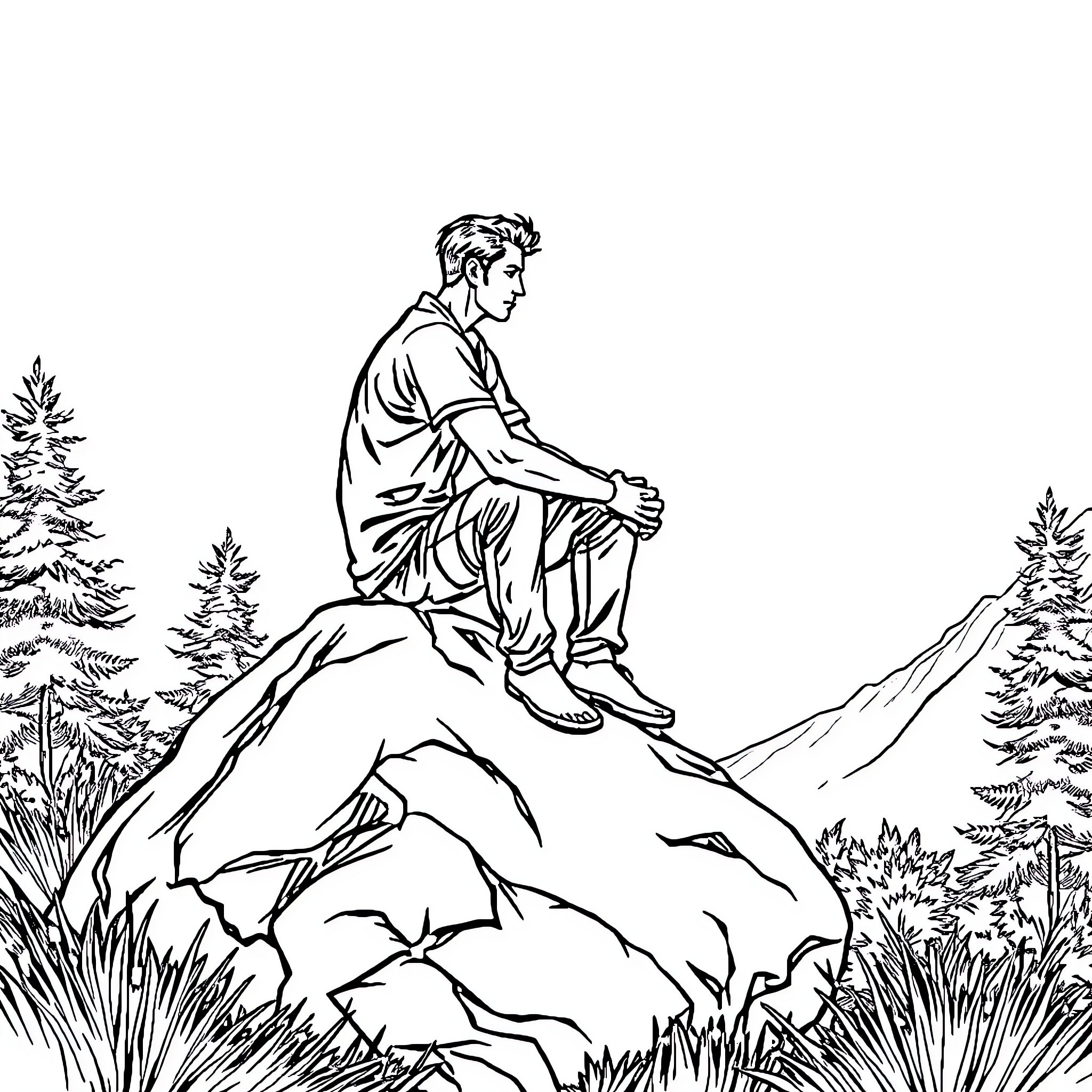 Man Sitting Contemplatively on Rocky Outcrop Coloring Page (free black-and-white line drawing printable PDF for all, from beginners to advanced learners, including children, teens, adults, and seniors)