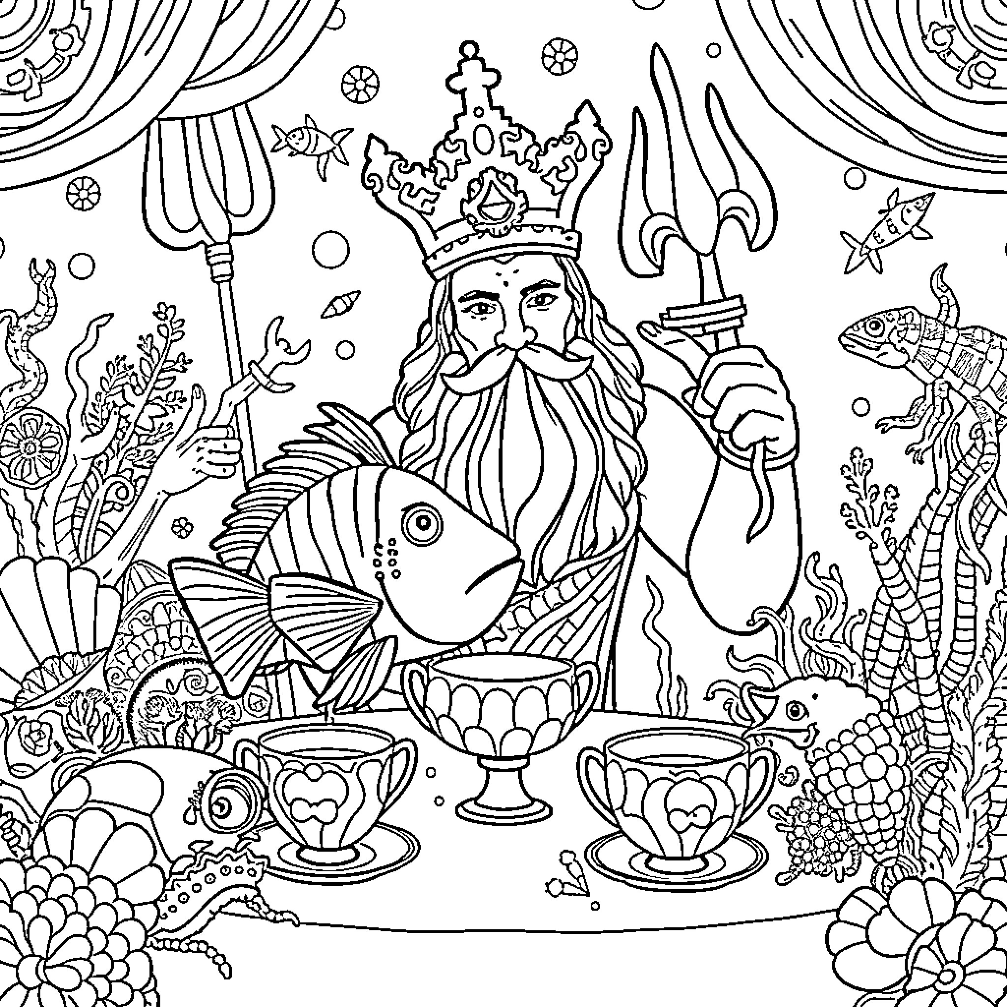 Anglerfish monarch feasting on underwater delights Coloring Page (free black-and-white line drawing printable PDF for all, from beginners to advanced learners, including children, teens, adults, and seniors)