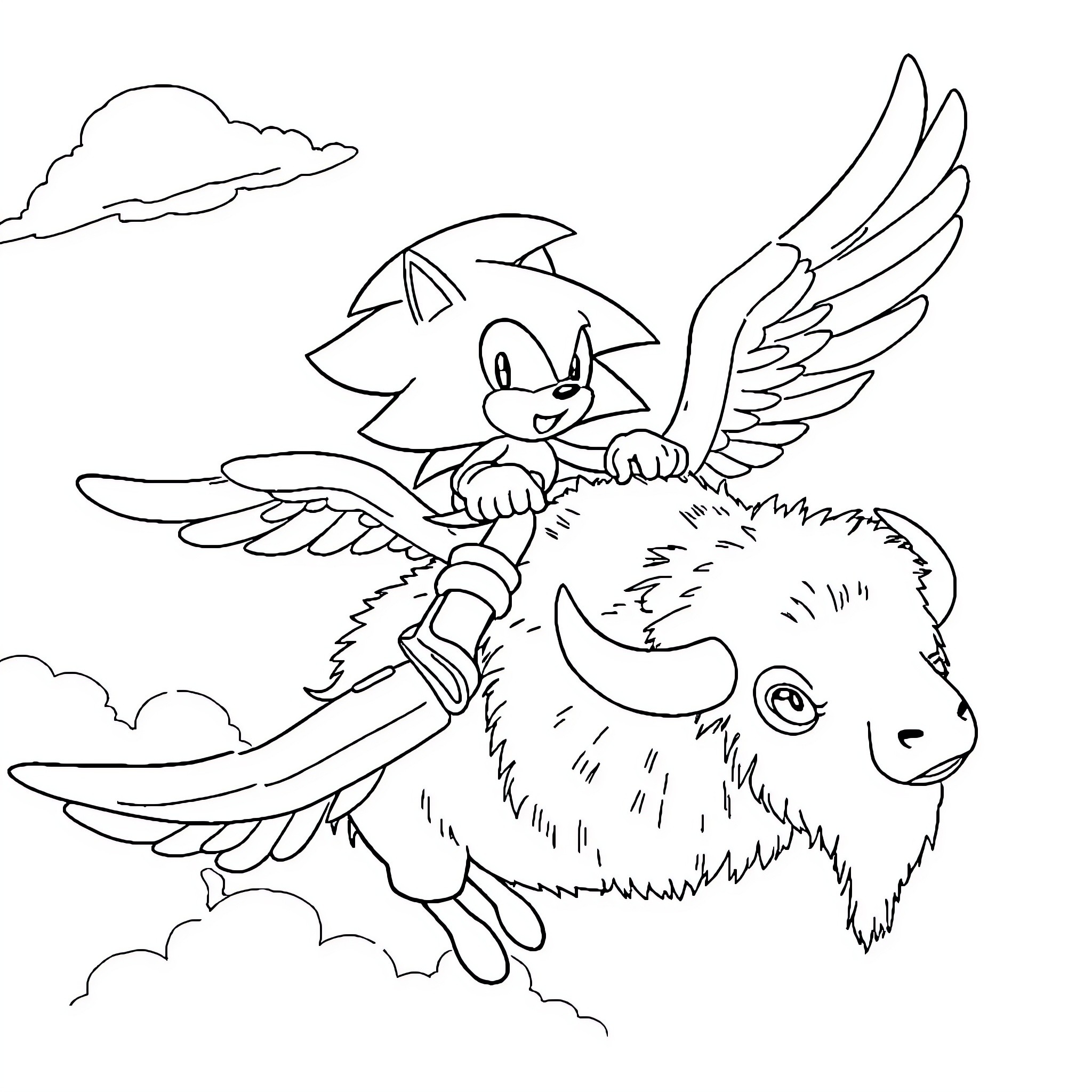 Sonic riding a winged beast in the sky Coloring Page (free black-and-white line drawing printable PDF for all, from beginners to advanced learners, including children, teens, adults, and seniors)