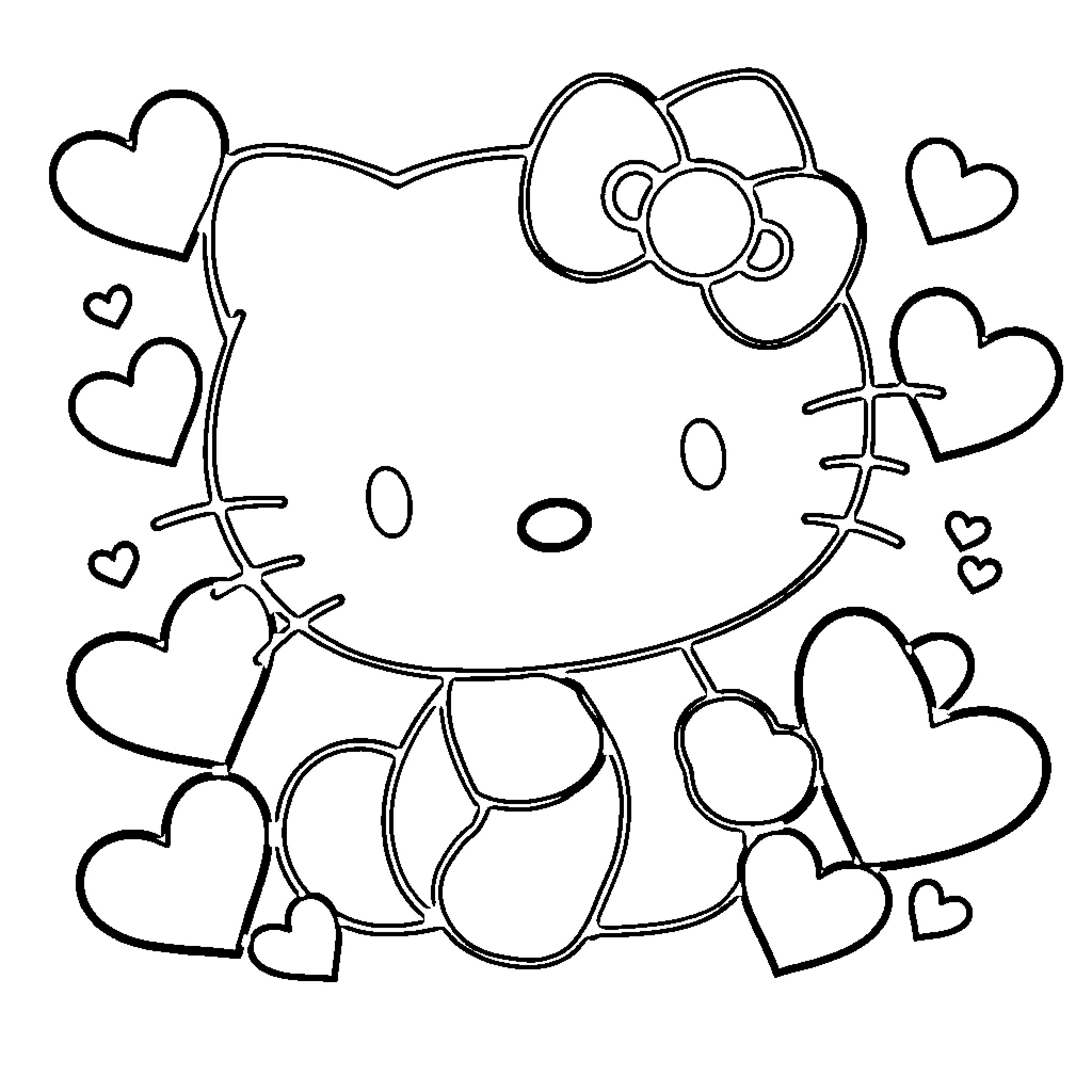 Hello Kitty surrounded by heart-shaped designs Coloring Page (free black-and-white line drawing printable PDF for all, from beginners to advanced learners, including children, teens, adults, and seniors)