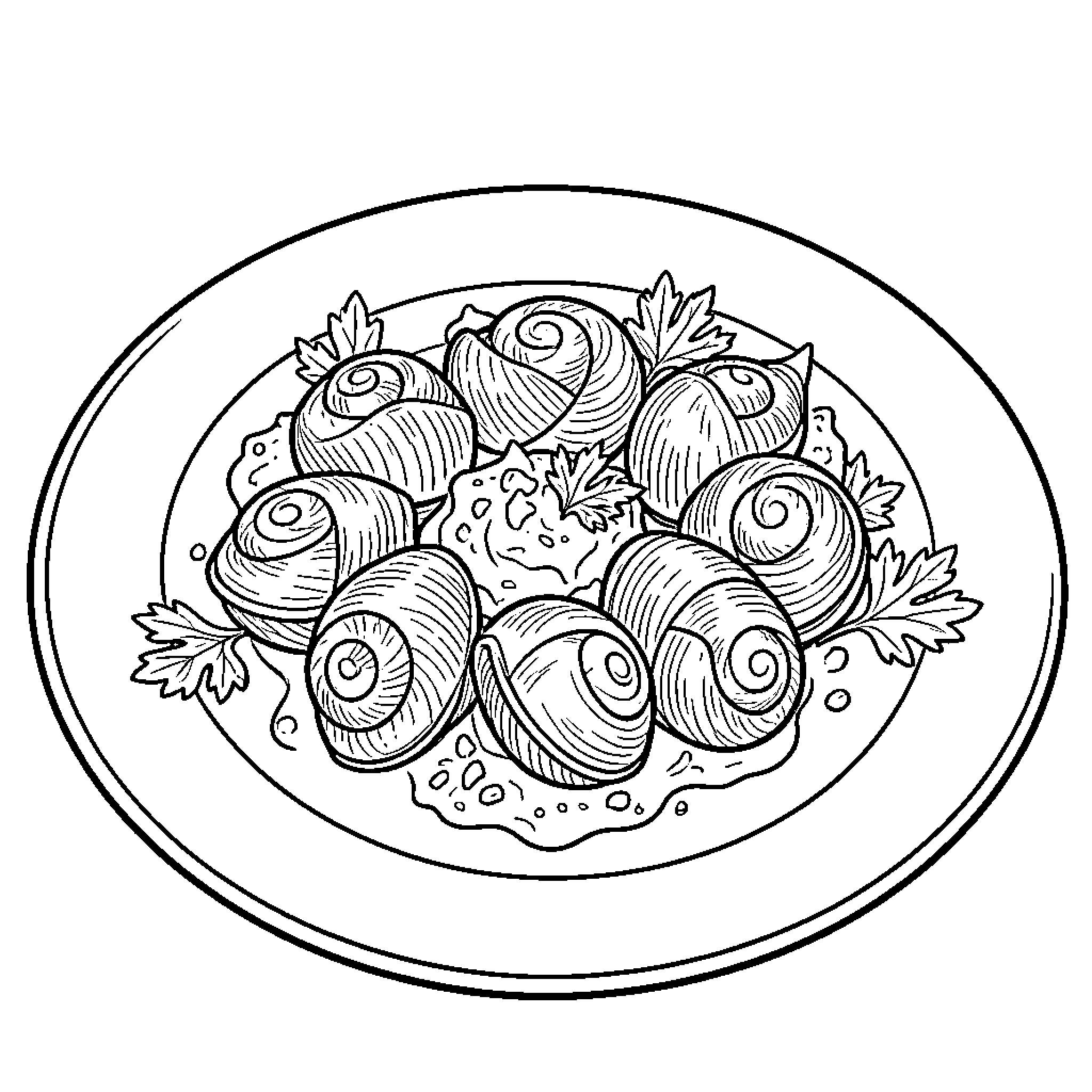 Escargot served on a plate with garnishing herbs Coloring Page (free black-and-white line drawing printable PDF for all, from beginners to advanced learners, including children, teens, adults, and seniors)