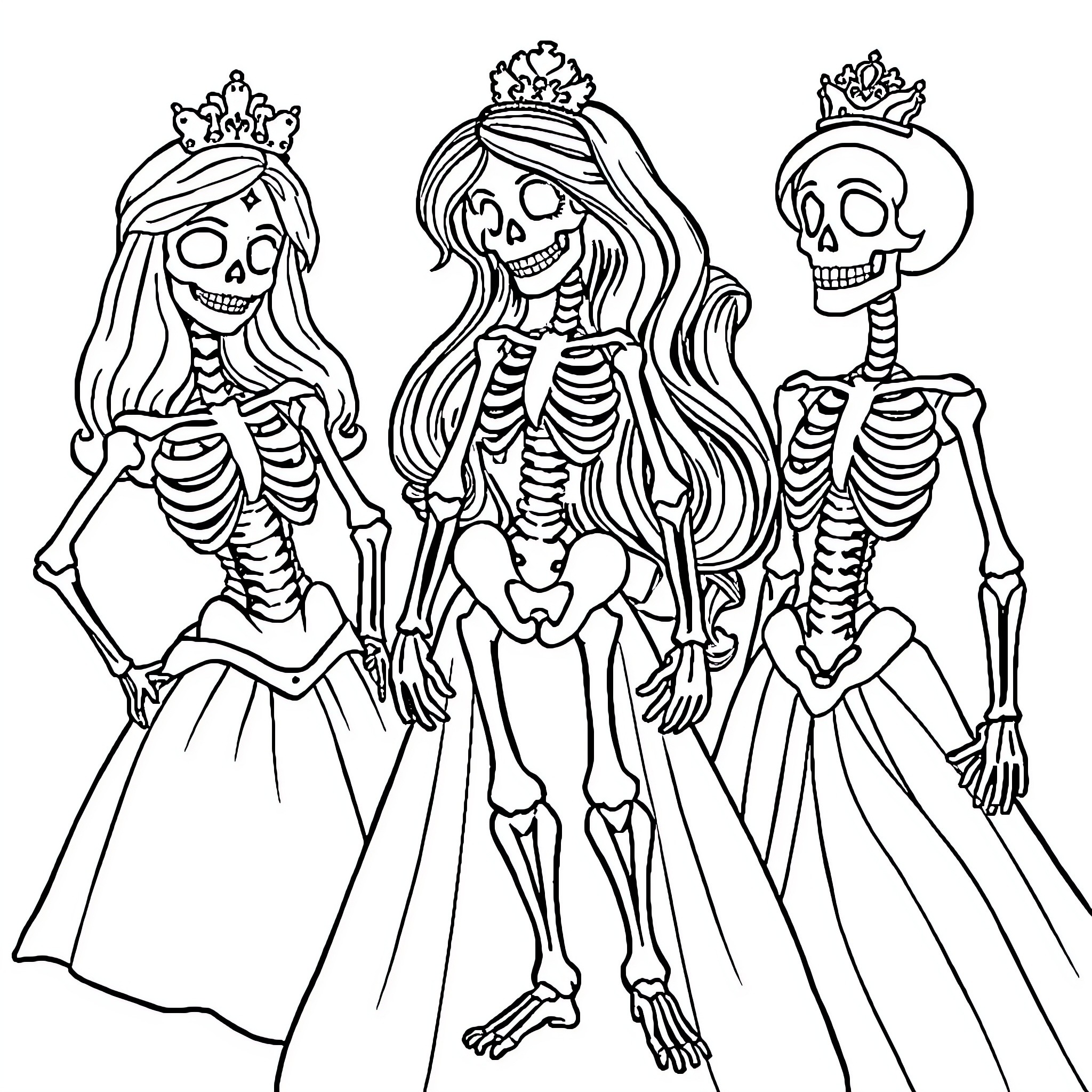 Disney Princess Skeleton Sisters in Elegant Attire Coloring Page (free black-and-white line drawing printable PDF for all, from beginners to advanced learners, including children, teens, adults, and seniors)