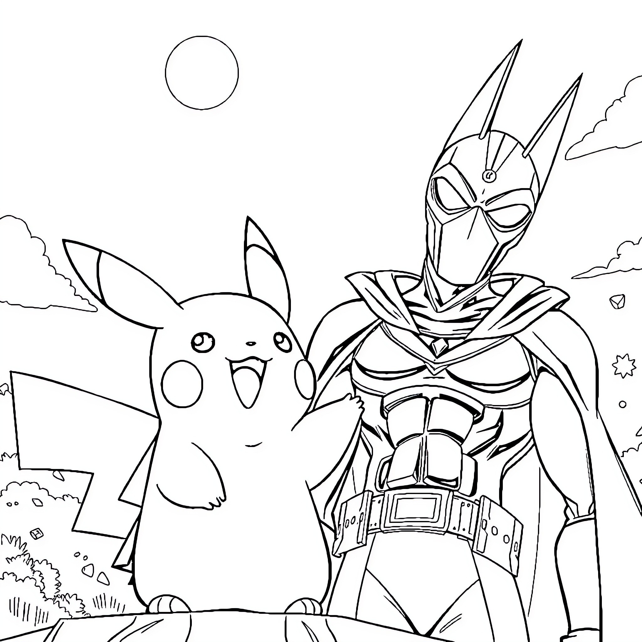 Pikachu and superhero explore the outdoors Coloring Page (free black-and-white line drawing printable PDF for all, from beginners to advanced learners, including children, teens, adults, and seniors)