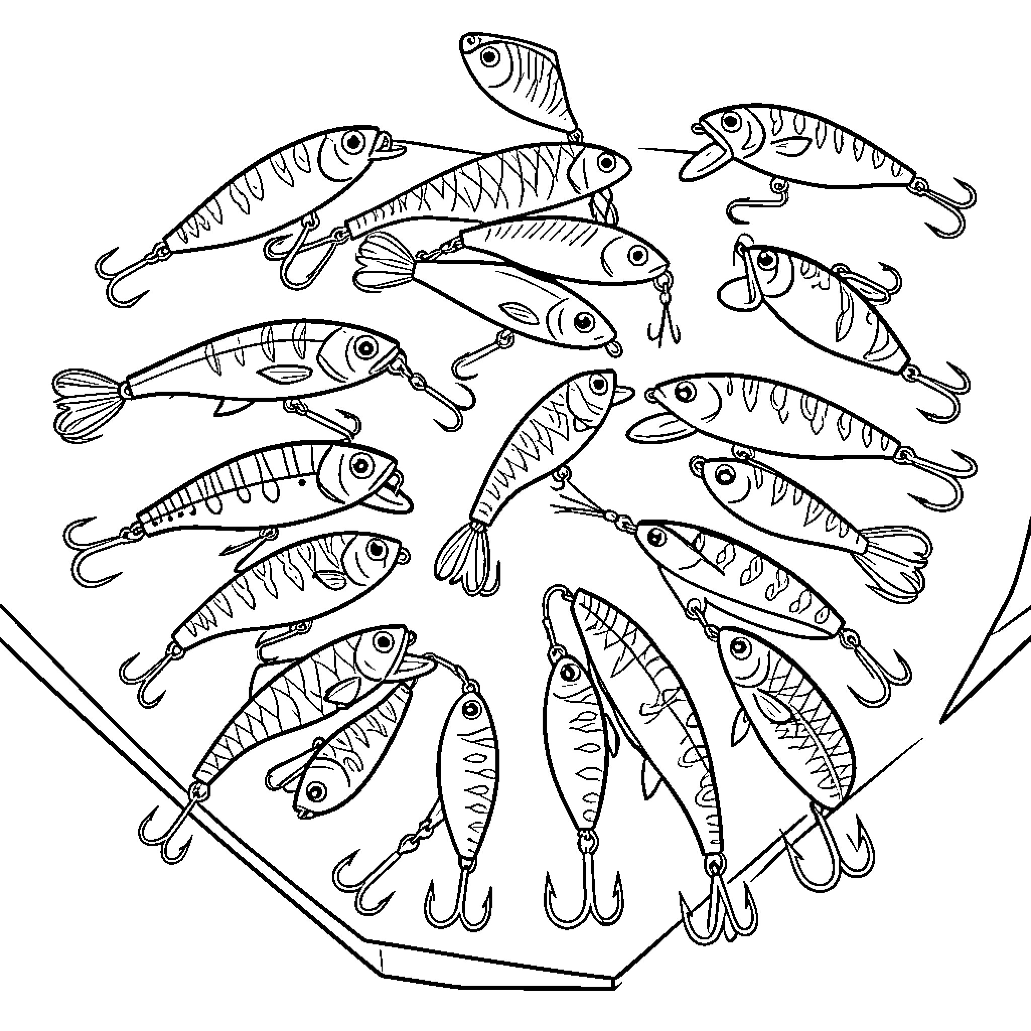 Fishing Lure assortment scattered in a pile Coloring Page (free black-and-white line drawing printable PDF for all, from beginners to advanced learners, including children, teens, adults, and seniors)