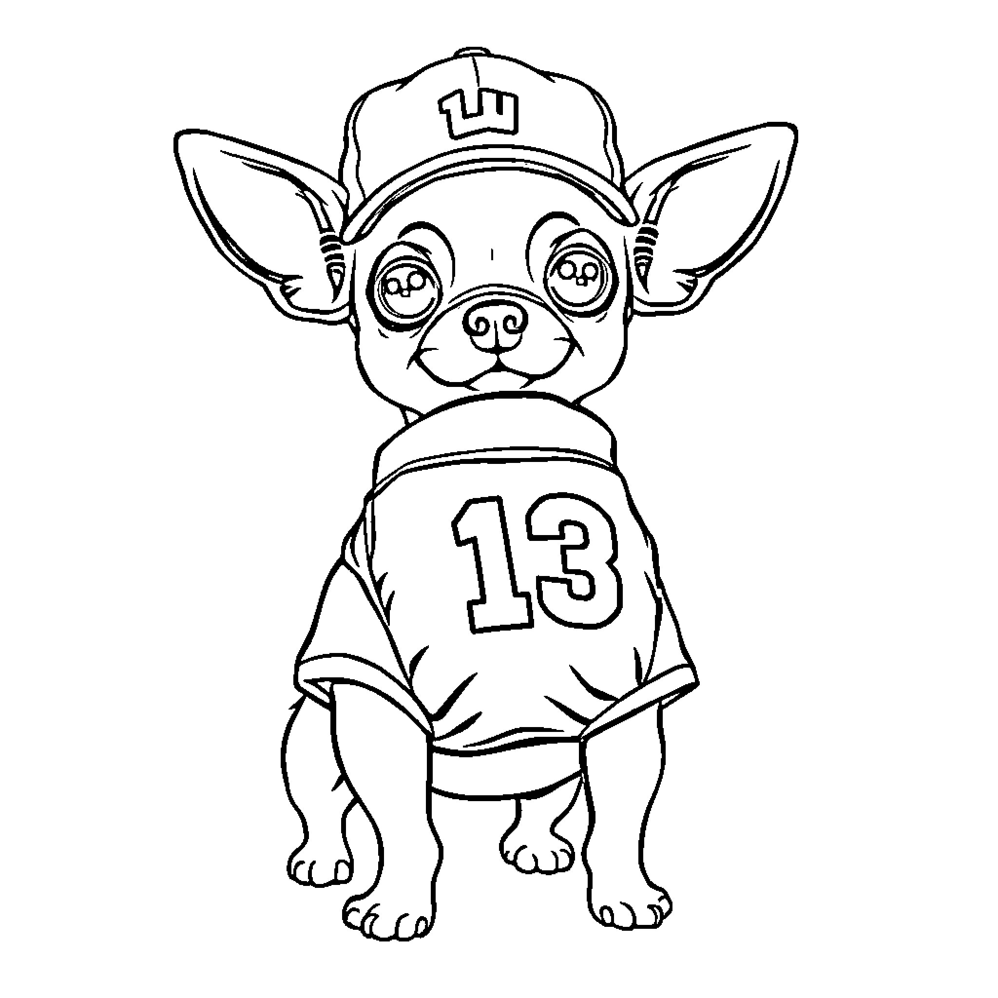 Chihuahua wearing sports jersey with number 13 Coloring Page (free black-and-white line drawing printable PDF for all, from beginners to advanced learners, including children, teens, adults, and seniors)