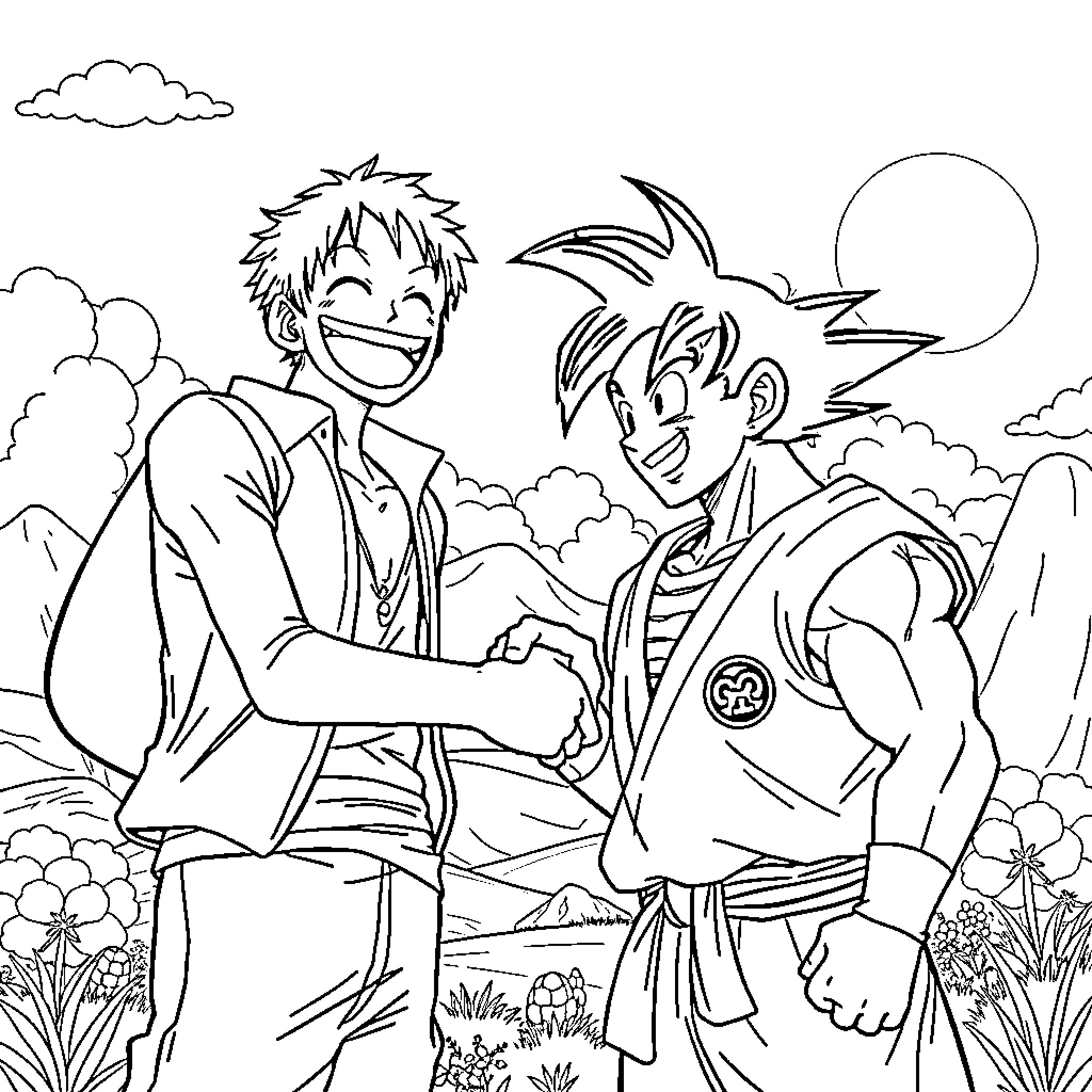 Luffy and Friend Sharing a Moment of Friendship Coloring Page (free black-and-white line drawing printable PDF for all, from beginners to advanced learners, including children, teens, adults, and seniors)