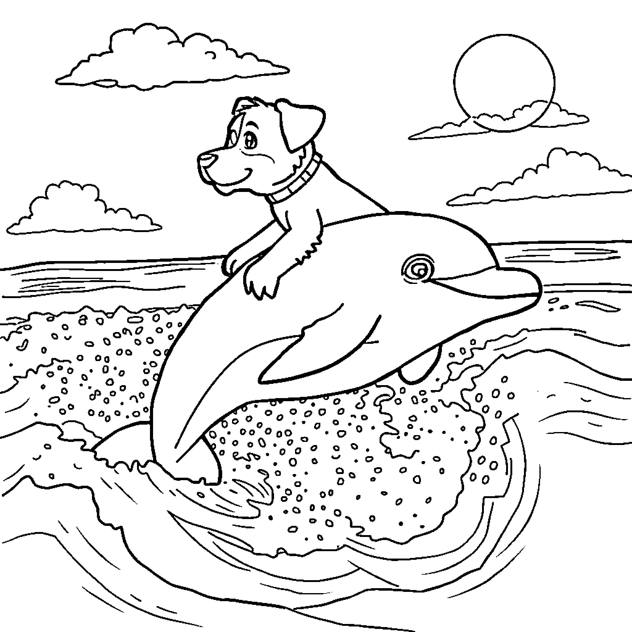 Dog riding a dolphin in the ocean Coloring Page (free black-and-white line drawing printable PDF for all, from beginners to advanced learners, including children, teens, adults, and seniors)