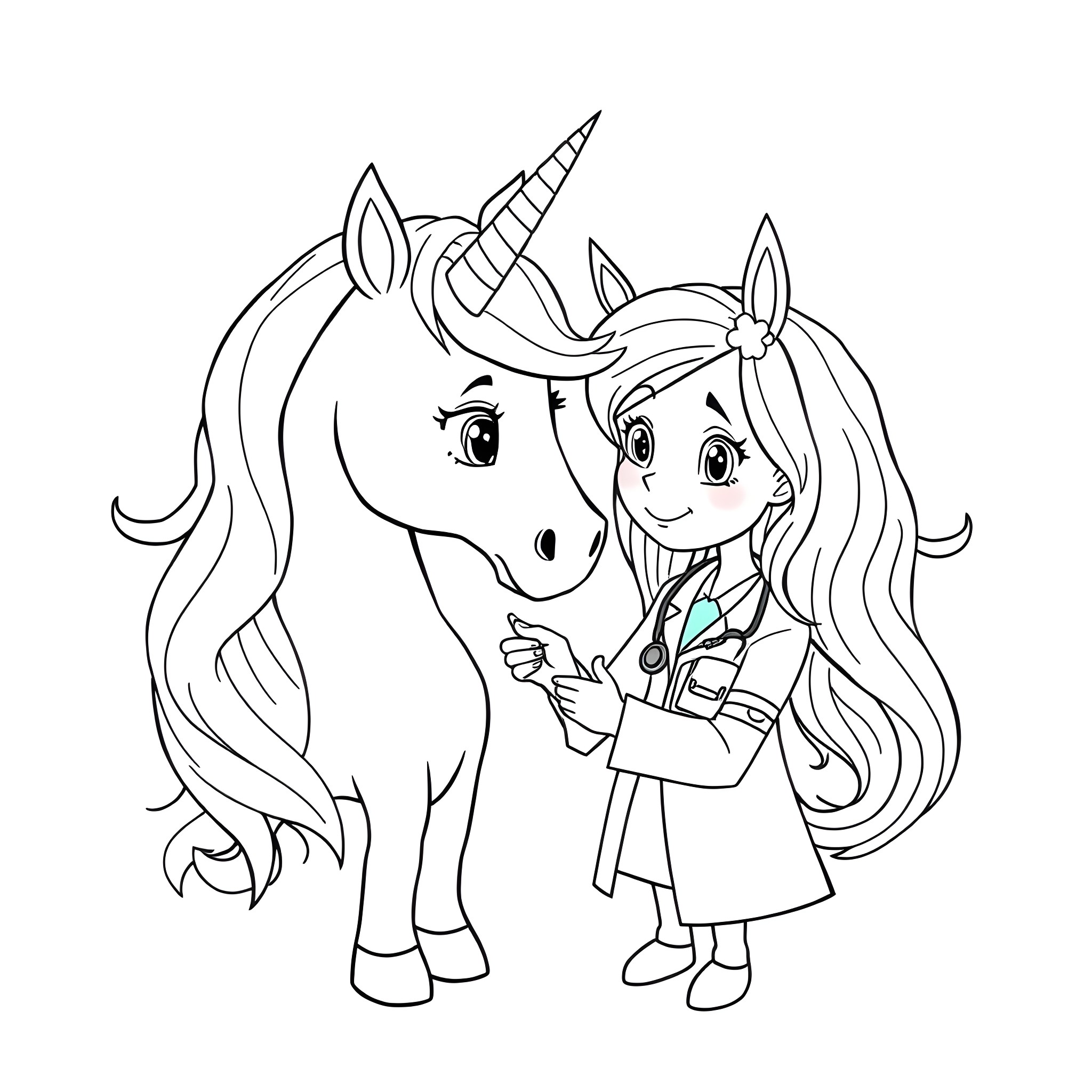 Doctor Unicorn and Child Examining a Unicorn Coloring Page (free black-and-white line drawing printable PDF for all, from beginners to advanced learners, including children, teens, adults, and seniors)