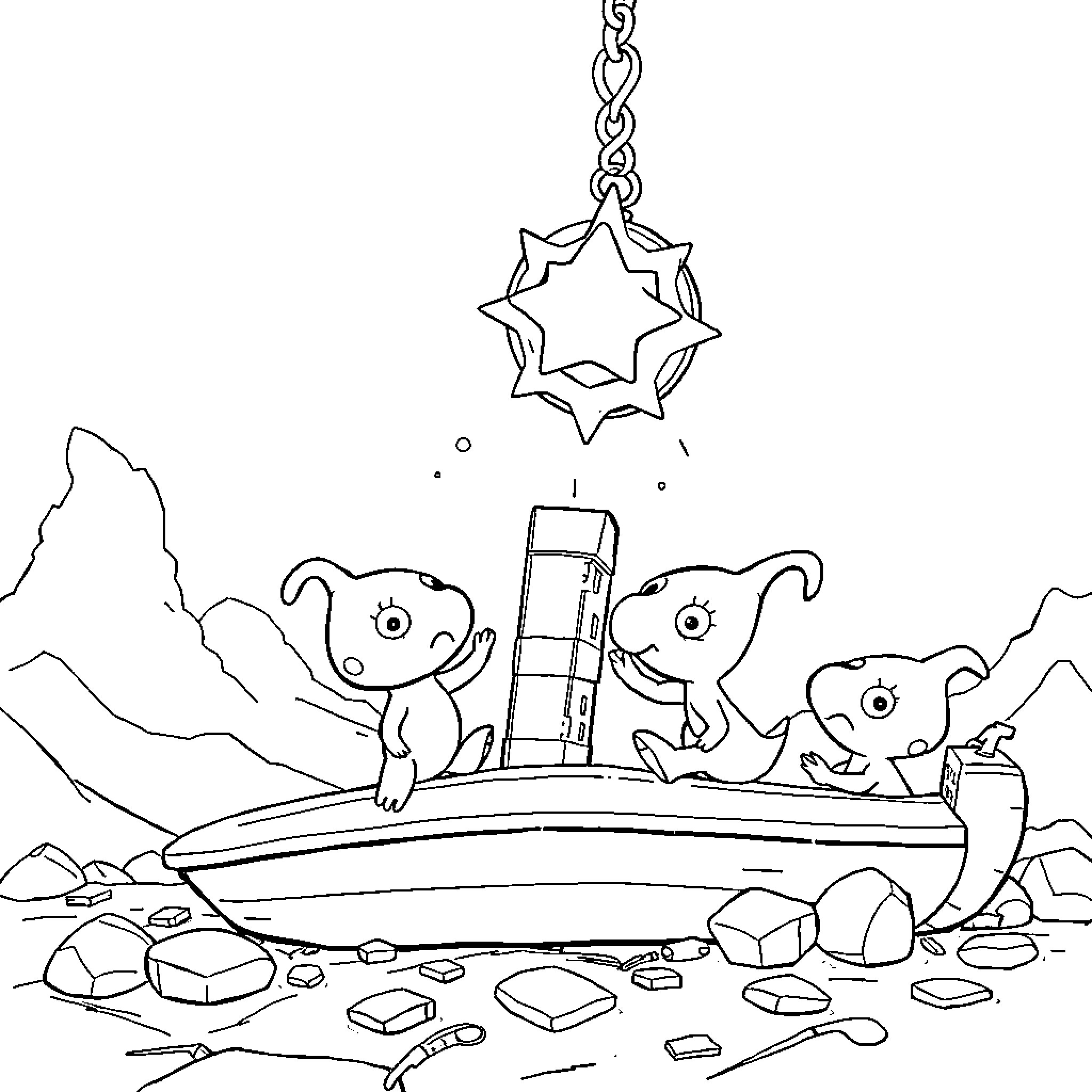 Pikmin exploring strange terrain and alien structures Coloring Page (free black-and-white line drawing printable PDF for all, from beginners to advanced learners, including children, teens, adults, and seniors)