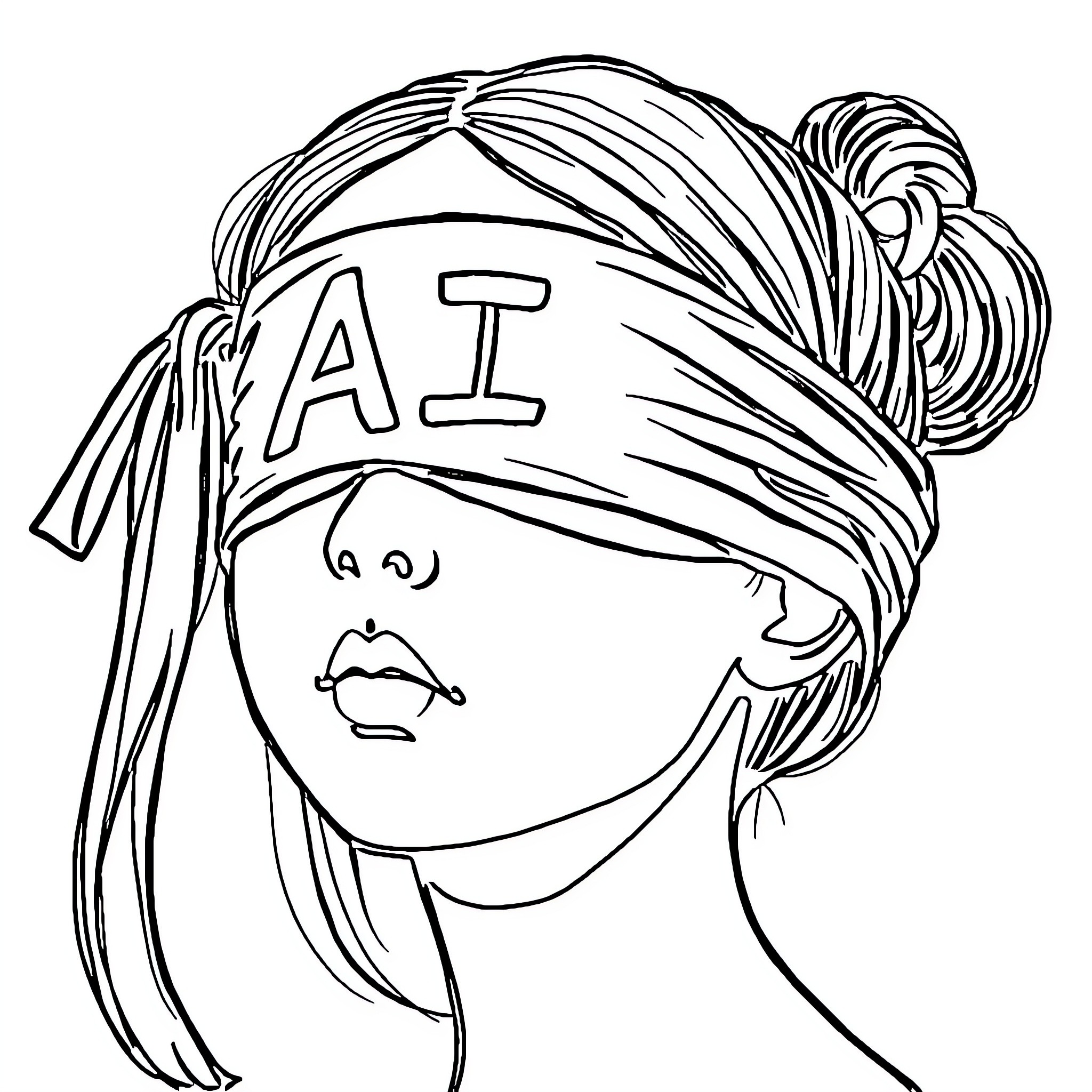 Girl wearing blindfold with 'AI' written on it Coloring Page (free black-and-white line drawing printable PDF for all, from beginners to advanced learners, including children, teens, adults, and seniors)