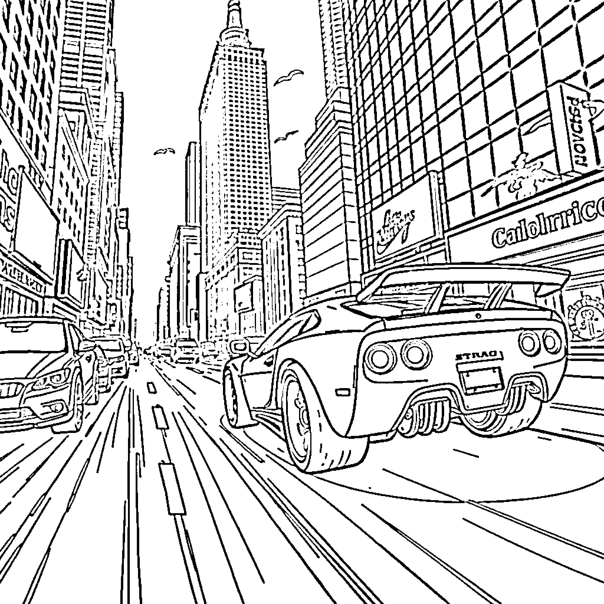 Car speeding through busy city streets Coloring Page (free black-and-white line drawing printable PDF for all, from beginners to advanced learners, including children, teens, adults, and seniors)