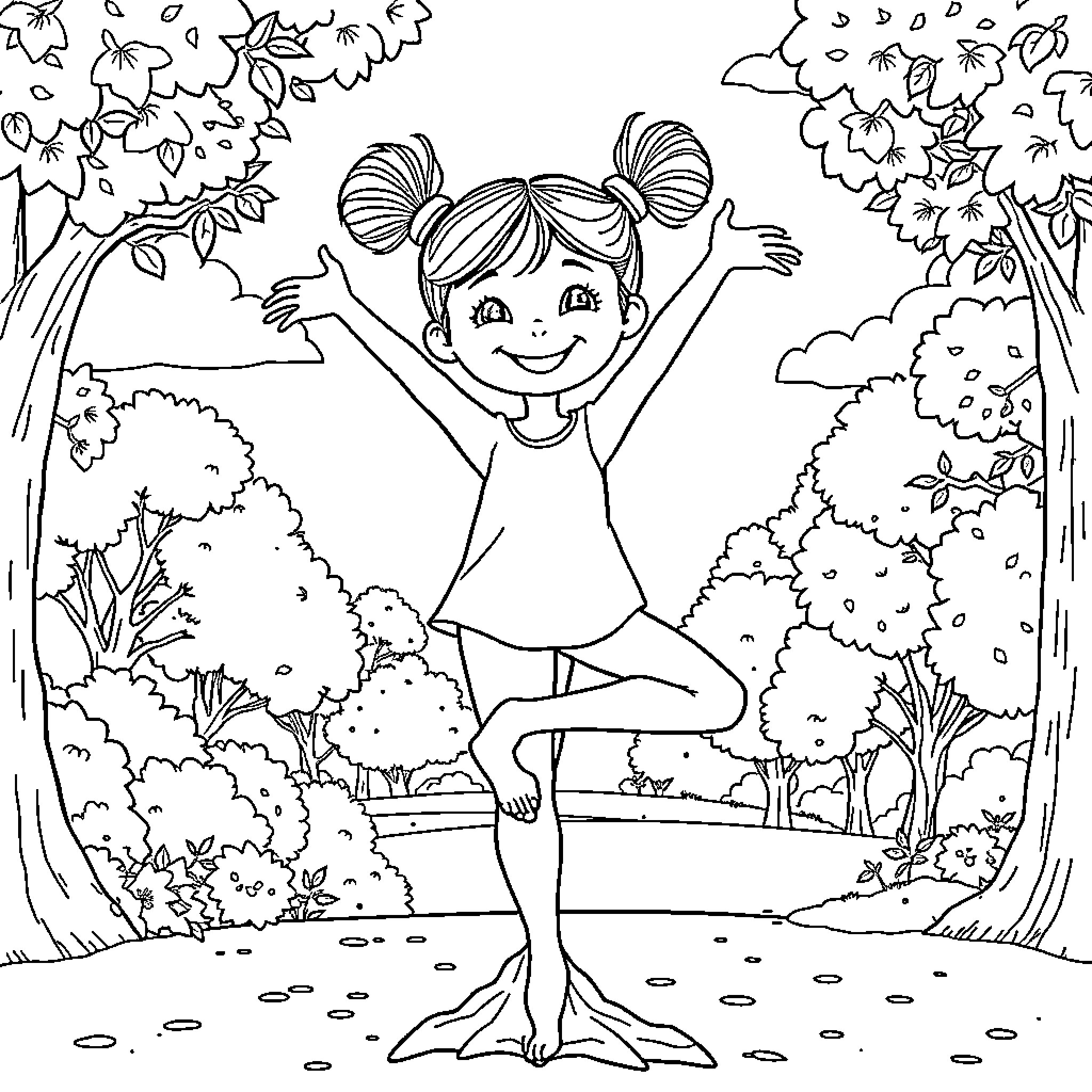 Girl joyfully dancing in a floral garden Coloring Page (free black-and-white line drawing printable PDF for all, from beginners to advanced learners, including children, teens, adults, and seniors)