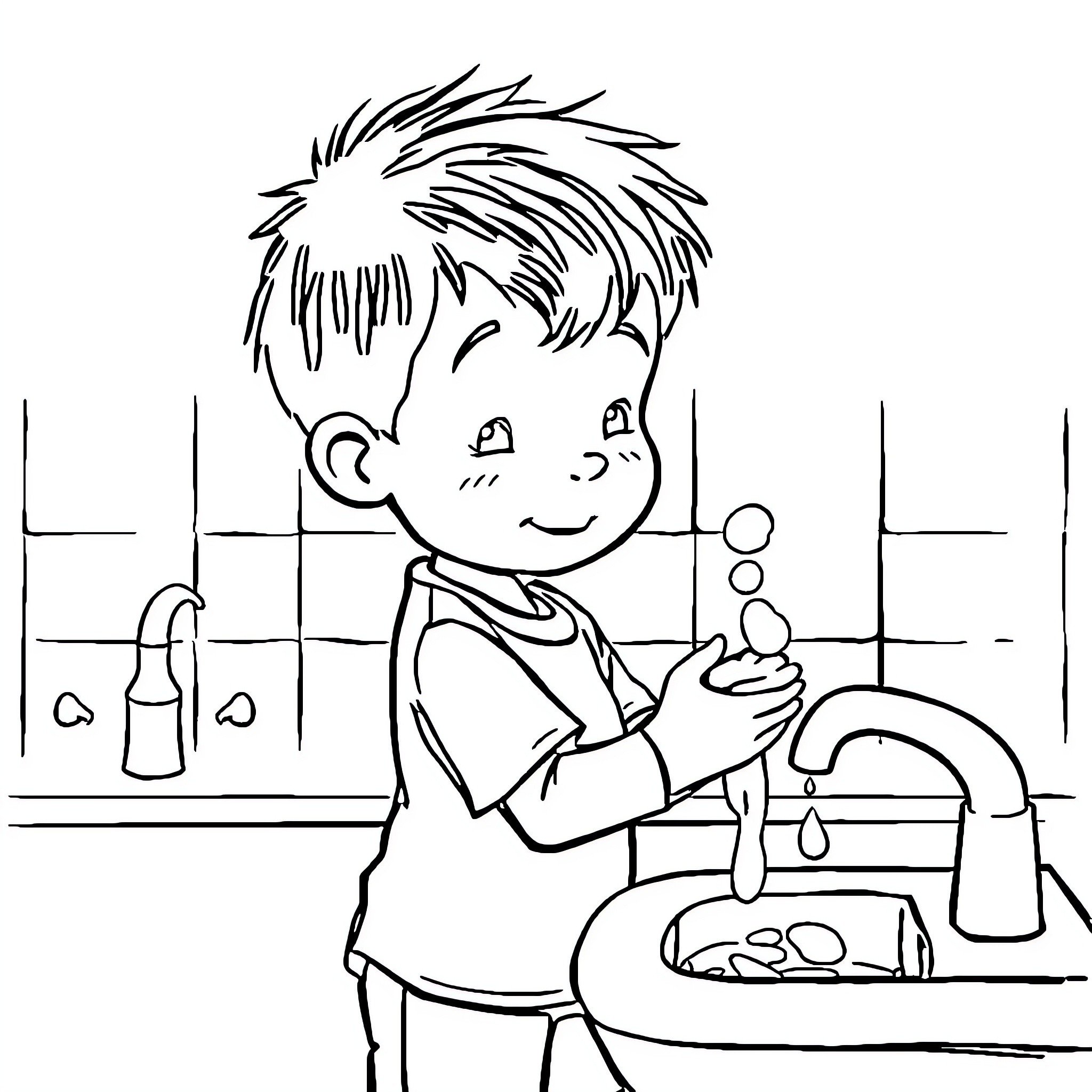 Boy washing dishes in the kitchen Coloring Page (free black-and-white line drawing printable PDF for all, from beginners to advanced learners, including children, teens, adults, and seniors)