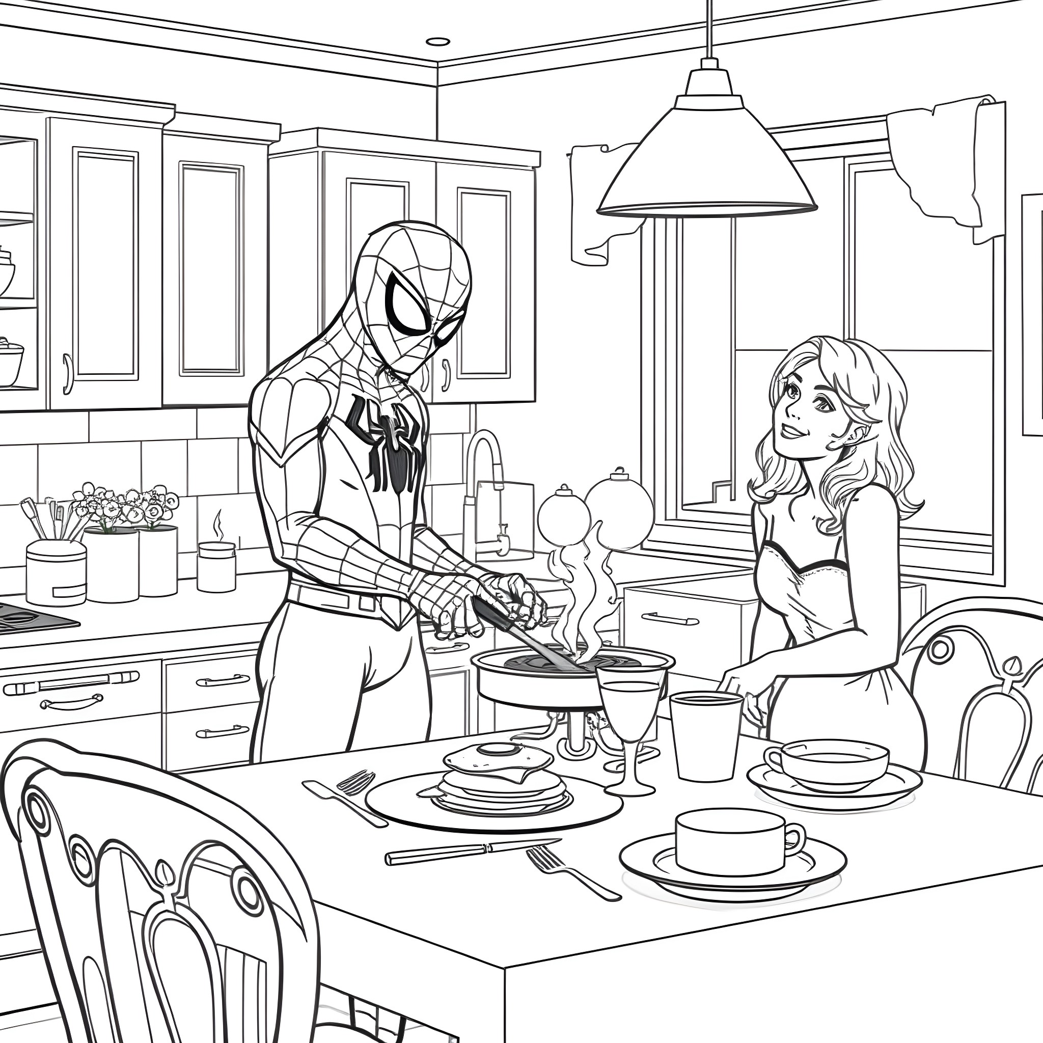 Spiderman and Girlfriend Cooking Together in Kitchen Coloring Page (free black-and-white line drawing printable PDF for all, from beginners to advanced learners, including children, teens, adults, and seniors)