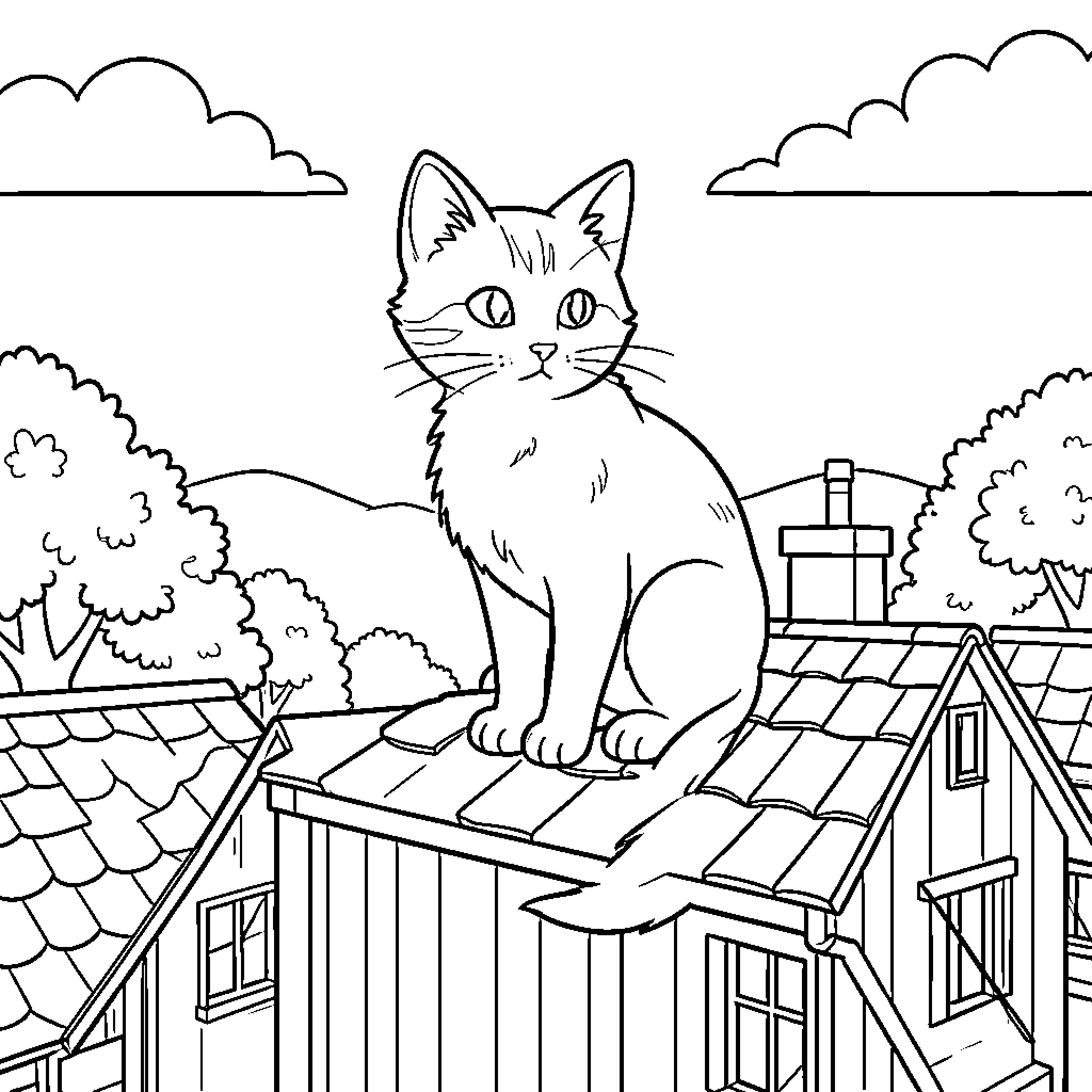Cat sitting on a roof overlooking a village Coloring Page (free black-and-white line drawing printable PDF for all, from beginners to advanced learners, including children, teens, adults, and seniors)