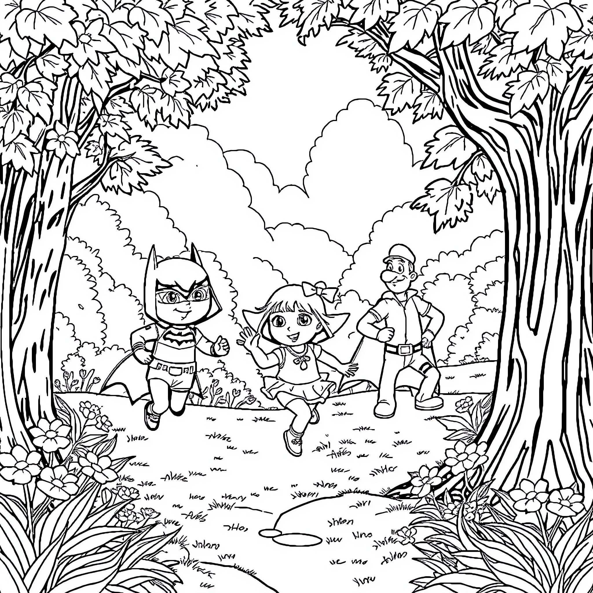 Dora and Friends Exploring the Enchanted Forest Coloring Page (free black-and-white line drawing printable PDF for all, from beginners to advanced learners, including children, teens, adults, and seniors)