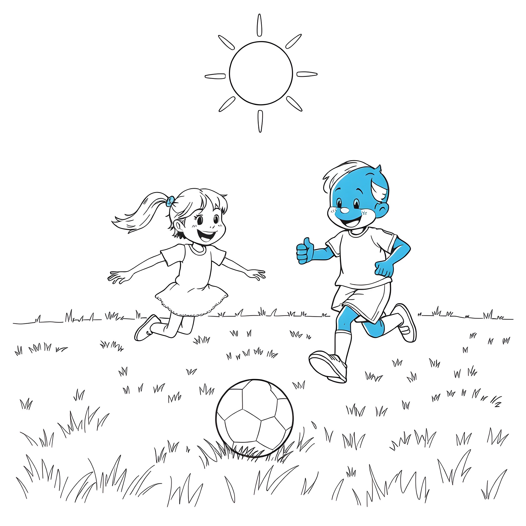 Bluey playing with their friend on a sunny day Coloring Page (free black-and-white line drawing printable PDF for all, from beginners to advanced learners, including children, teens, adults, and seniors)