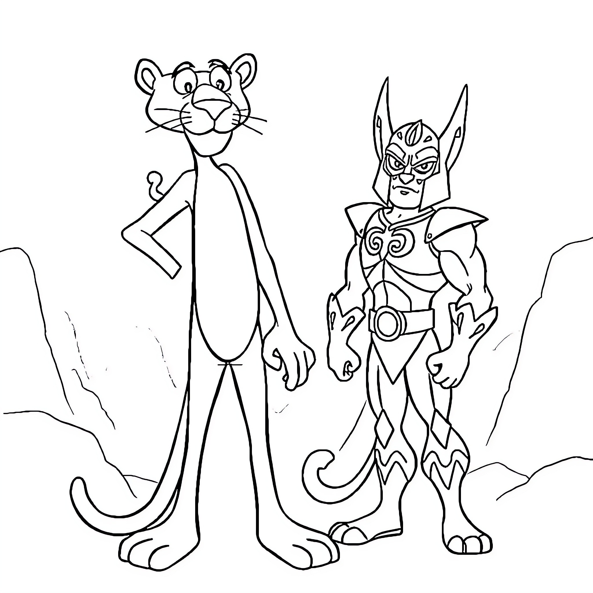 Panther and Superhero Warrior in Action Coloring Page (free black-and-white line drawing printable PDF for all, from beginners to advanced learners, including children, teens, adults, and seniors)