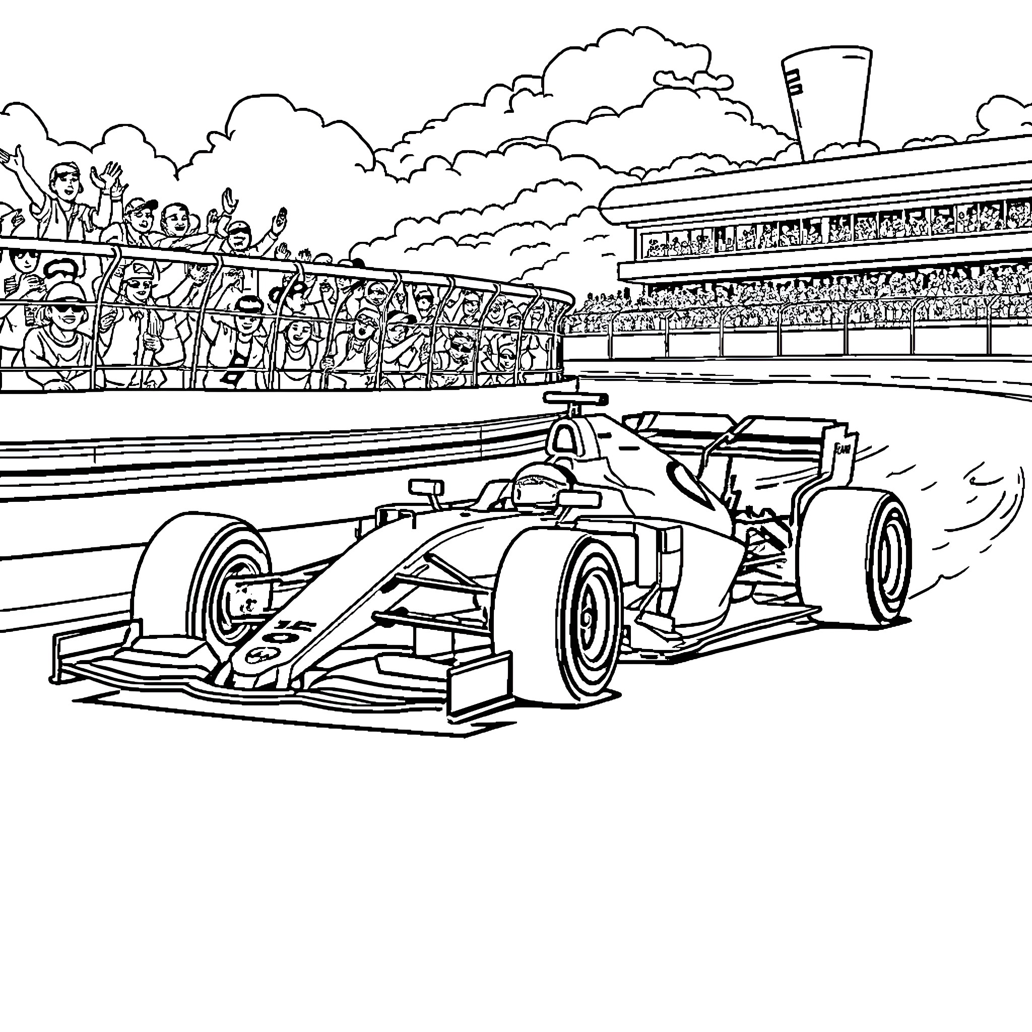 Formula 1 Car Racing on the Track with Spectators Coloring Page (free black-and-white line drawing printable PDF for all, from beginners to advanced learners, including children, teens, adults, and seniors)