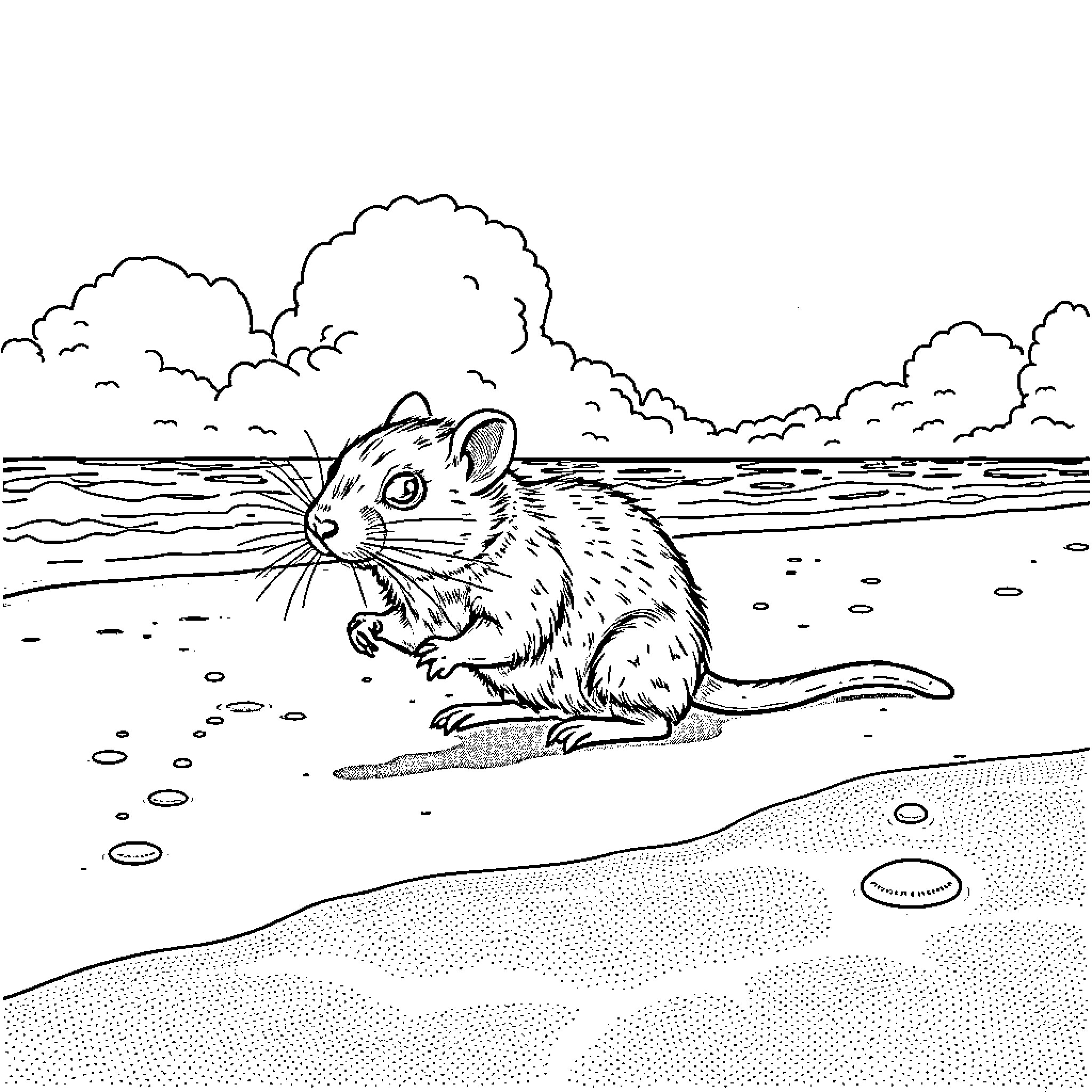 Mouse scurrying along the shoreline Coloring Page (free black-and-white line drawing printable PDF for all, from beginners to advanced learners, including children, teens, adults, and seniors)