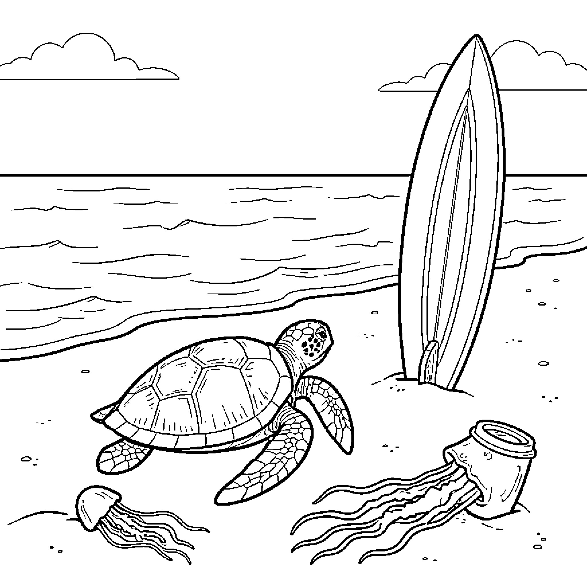 Turtle relaxing on the beach near a surfboard Coloring Page (free black-and-white line drawing printable PDF for all, from beginners to advanced learners, including children, teens, adults, and seniors)