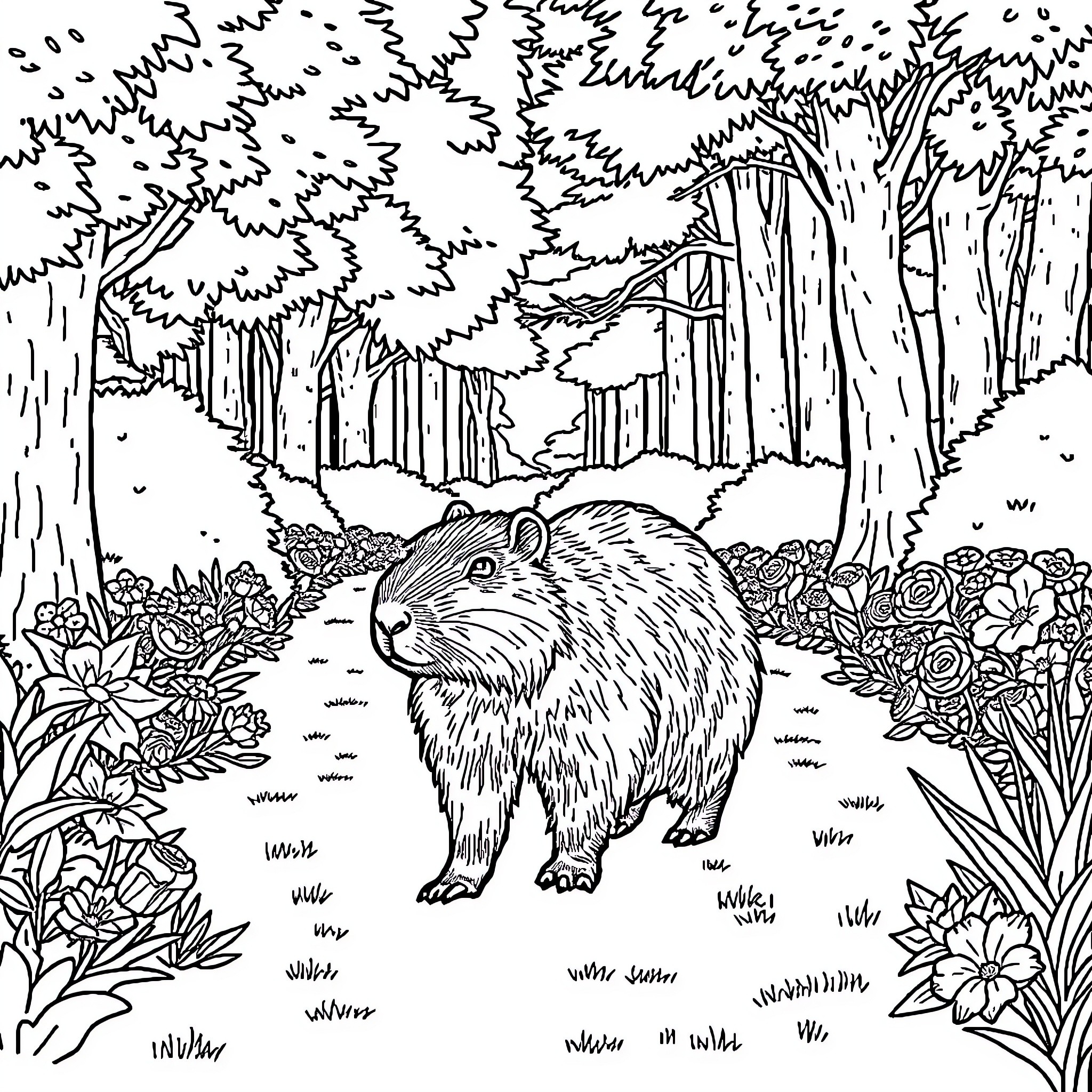 Capybara in a Lush Forest Landscape Coloring Page (free black-and-white line drawing printable PDF for all, from beginners to advanced learners, including children, teens, adults, and seniors)