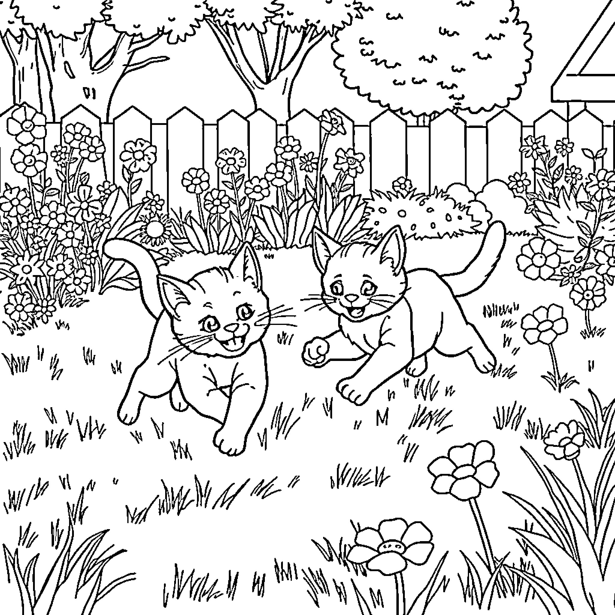 Cats exploring a colorful garden Coloring Page (free black-and-white line drawing printable PDF for all, from beginners to advanced learners, including children, teens, adults, and seniors)