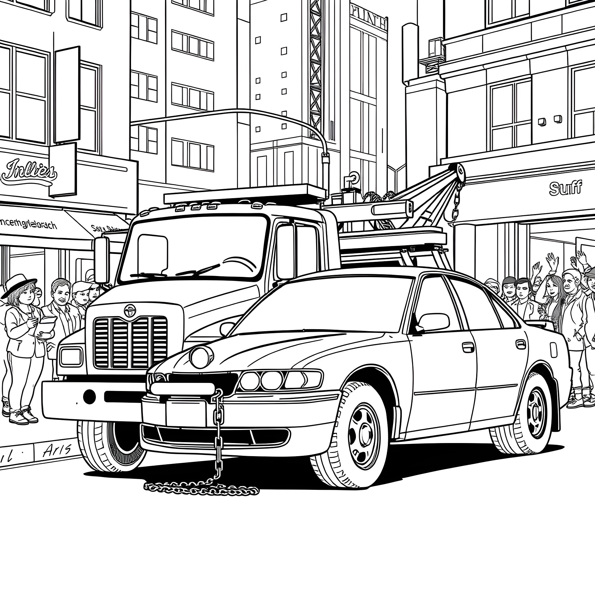 Tow Truck Assisting a Stranded Vehicle in the City Coloring Page (free black-and-white line drawing printable PDF for all, from beginners to advanced learners, including children, teens, adults, and seniors)