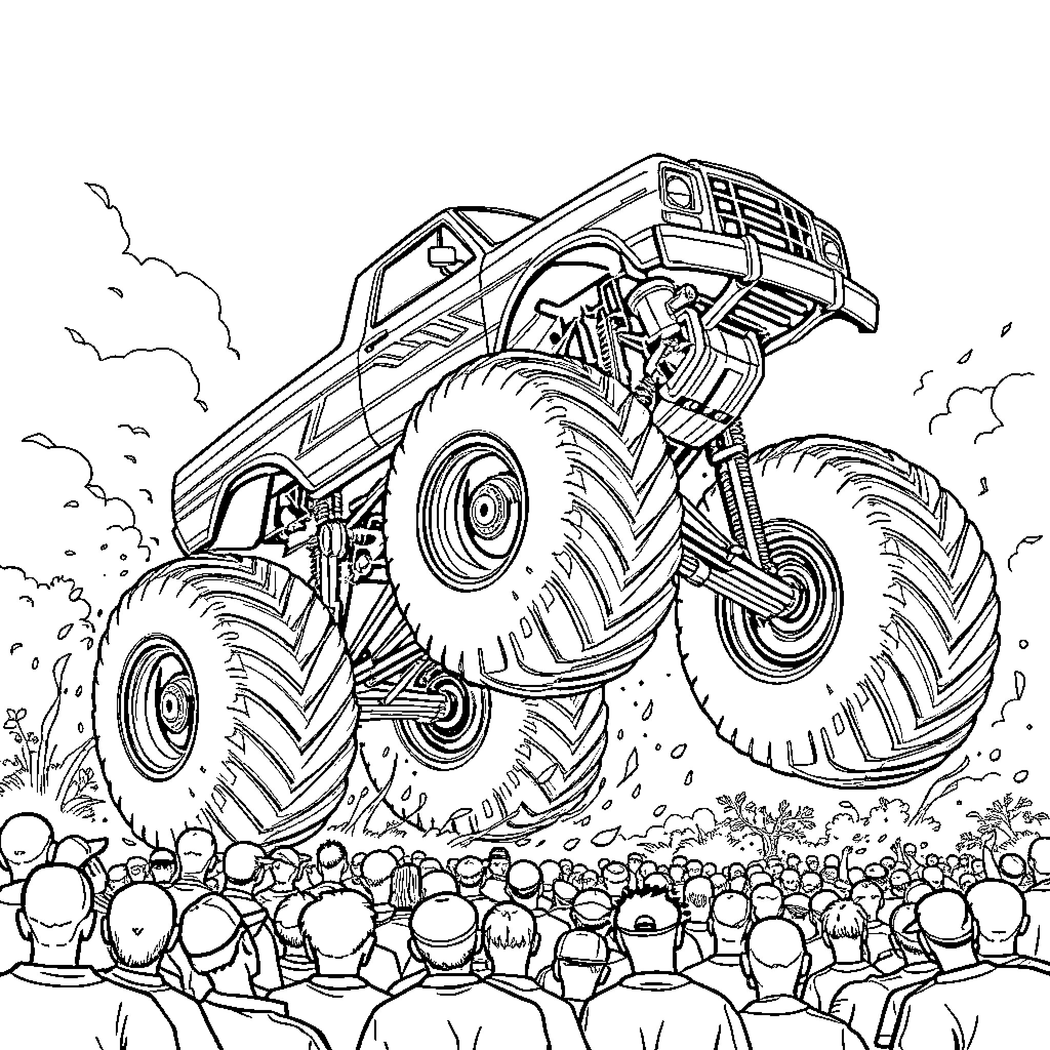 Monster Truck Thrilling the Crowd with Epic Stunts Coloring Page (free black-and-white line drawing printable PDF for all, from beginners to advanced learners, including children, teens, adults, and seniors)