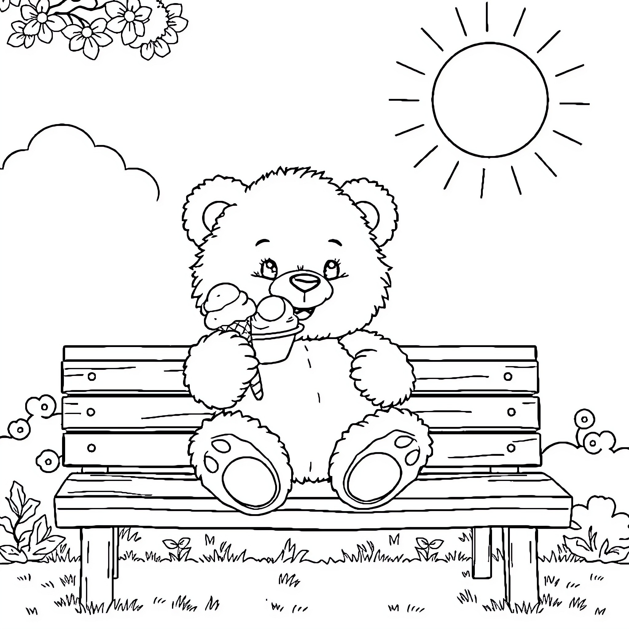 Teddy Bear Enjoying a Sunny Day on the Bench Coloring Page (free black-and-white line drawing printable PDF for all, from beginners to advanced learners, including children, teens, adults, and seniors)