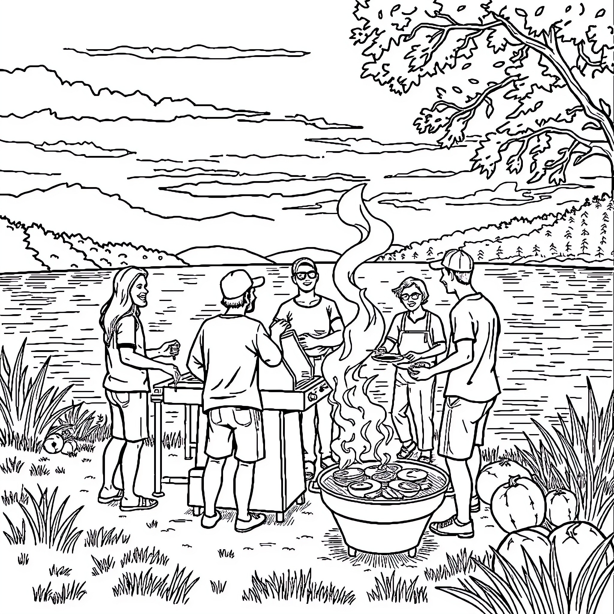 BBQ gathering with friends by the lake Coloring Page (free black-and-white line drawing printable PDF for all, from beginners to advanced learners, including children, teens, adults, and seniors)