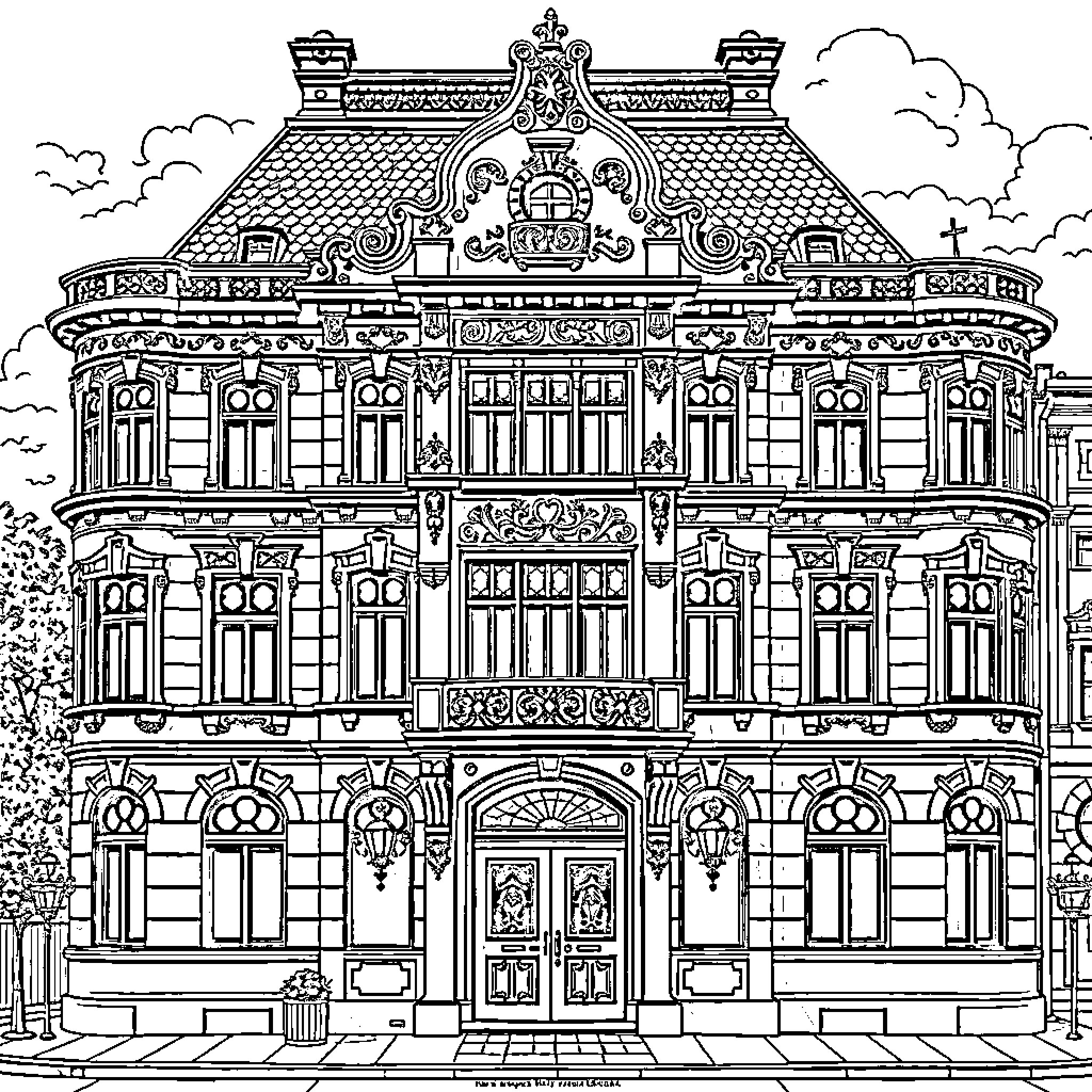 Building with Ornate and Elaborate Architecture Coloring Page (free black-and-white line drawing printable PDF for all, from beginners to advanced learners, including children, teens, adults, and seniors)