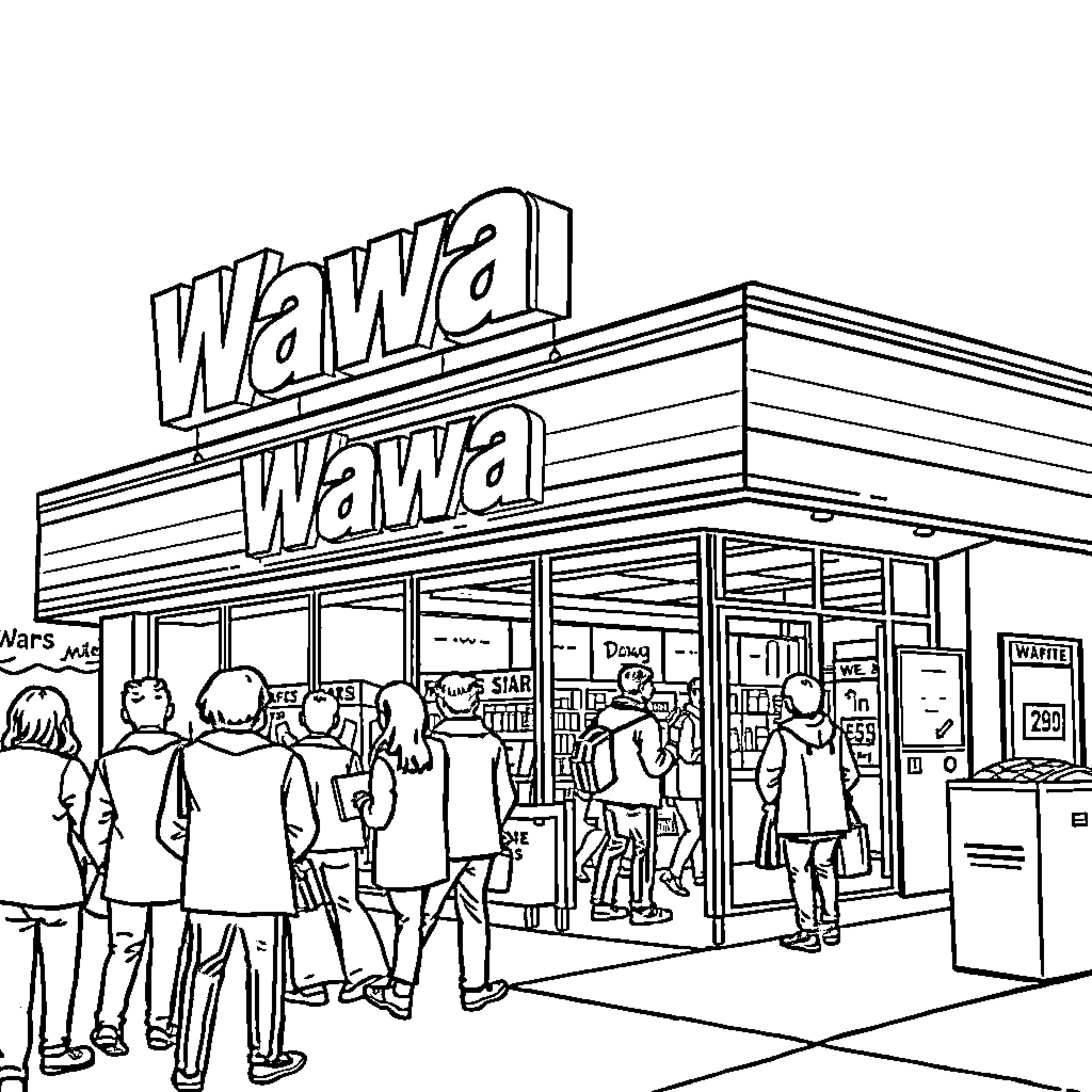 Wawa convenience store with customers outside Coloring Page (free black-and-white line drawing printable PDF for all, from beginners to advanced learners, including children, teens, adults, and seniors)