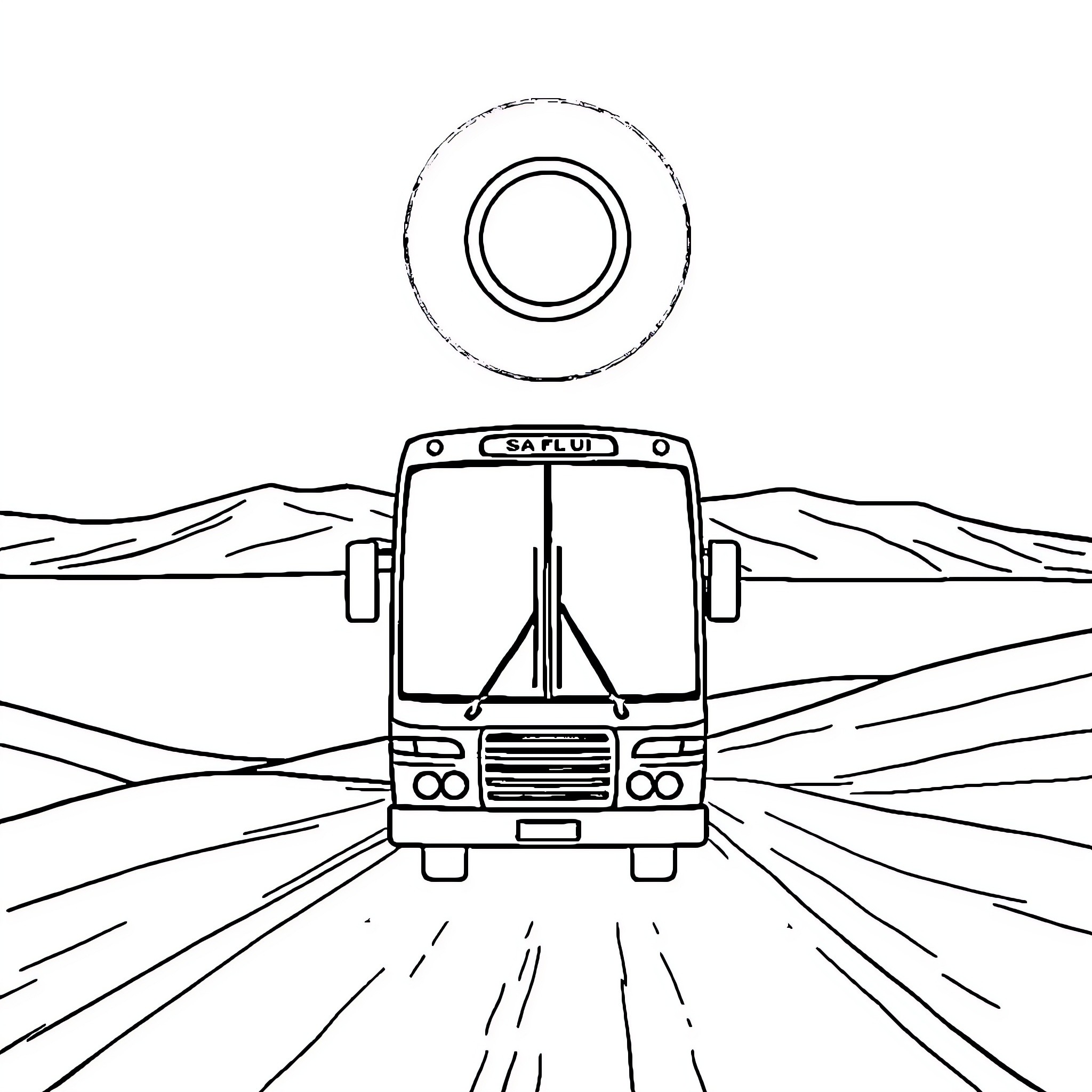 Bus traveling through scenic landscape Coloring Page (free black-and-white line drawing printable PDF for all, from beginners to advanced learners, including children, teens, adults, and seniors)