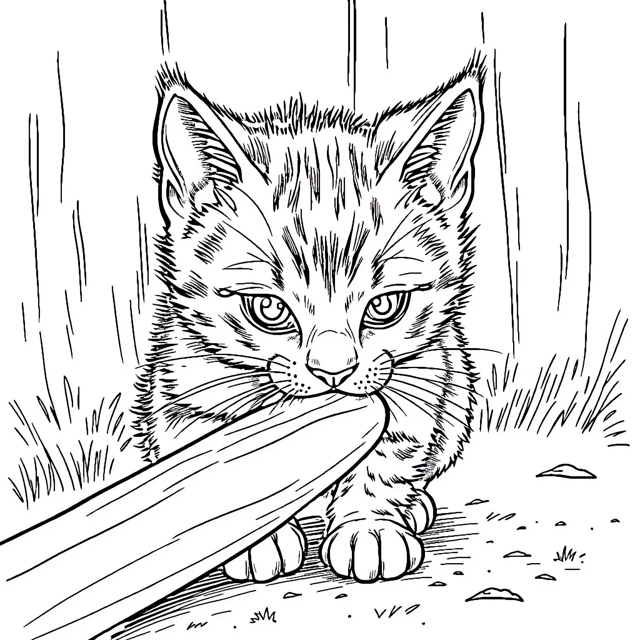 Cat Peering Intently from Tall Grass Coloring Page (free black-and-white line drawing printable PDF for all, from beginners to advanced learners, including children, teens, adults, and seniors)